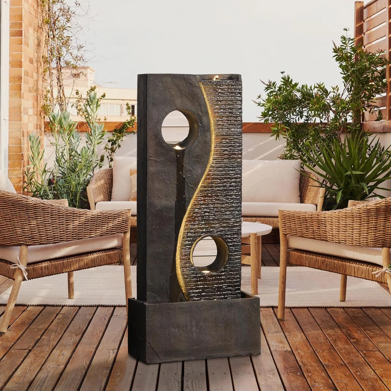 47 inches Outdoor Water Fountain Garden Waterfall Indoor Large Water Feature Freestanding Fountains with LED Strips, Three spouts for Patio Backyard Deck Porch Home Decor, Dark Gray