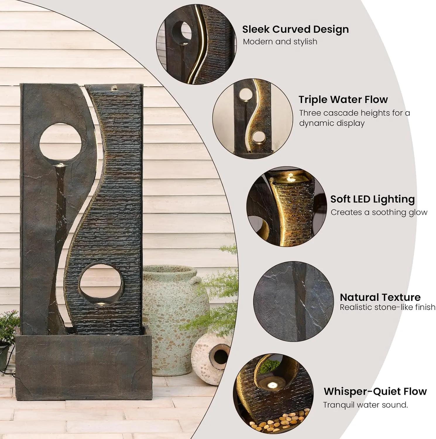 47 inches Outdoor Water Fountain Garden Waterfall Indoor Large Water Feature Freestanding Fountains with LED Strips, Three spouts for Patio Backyard Deck Porch Home Decor, Dark Gray