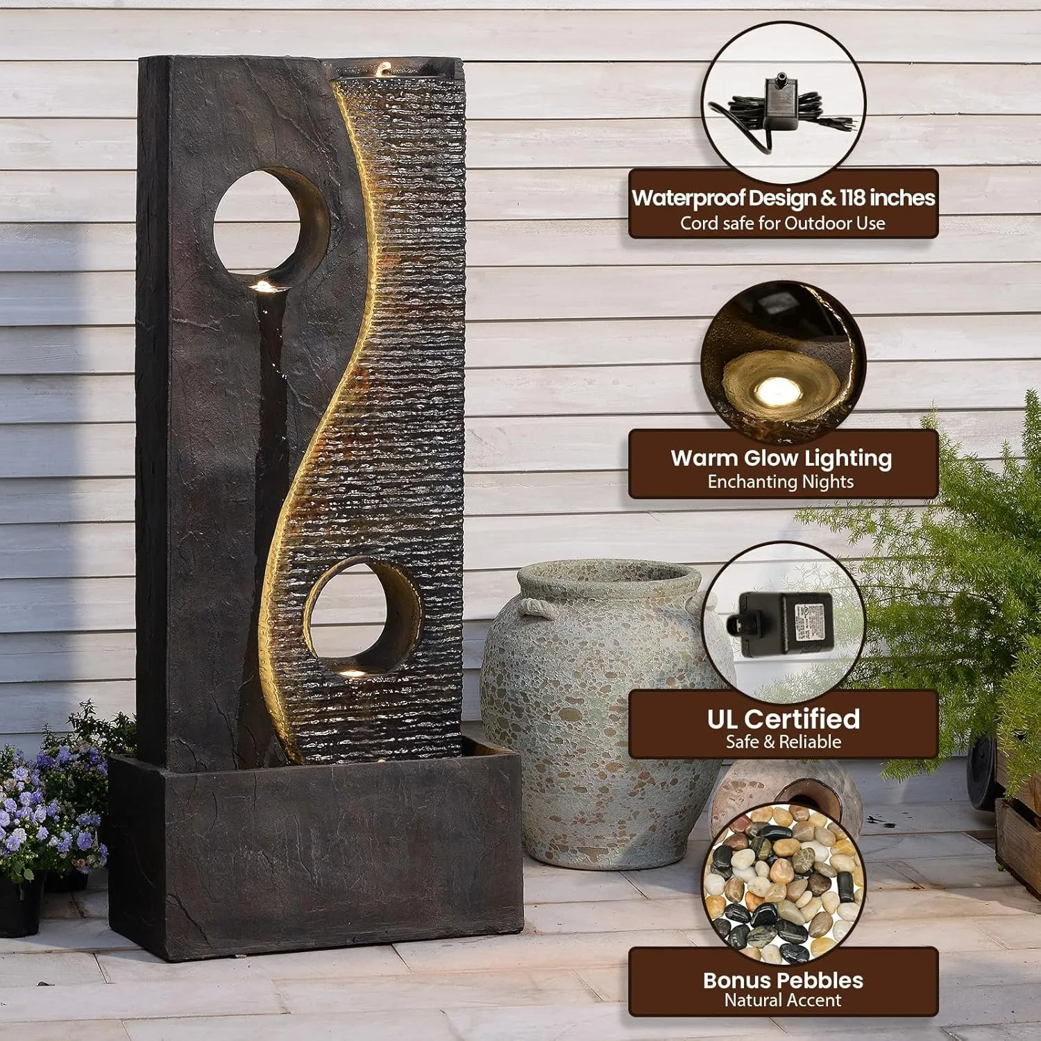 47 inches Outdoor Water Fountain Garden Waterfall Indoor Large Water Feature Freestanding Fountains with LED Strips, Three spouts for Patio Backyard Deck Porch Home Decor, Dark Gray