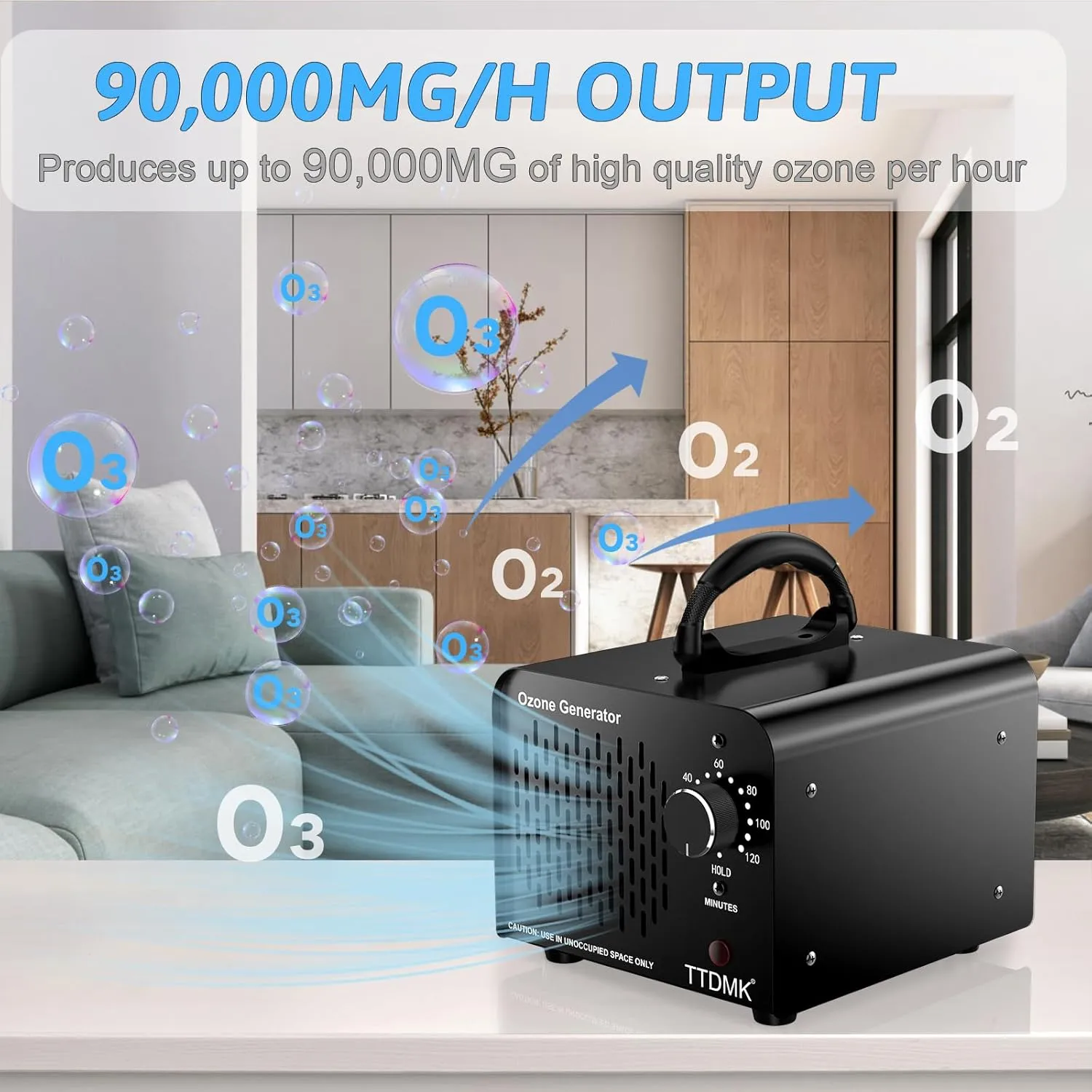 90,000mg/h Ozone Generator (Black), Ozone Machine Odor Removal, High Capacity Ozone Machine, Home Ozone Generator for Car, Home, Smoke, Pet, etc