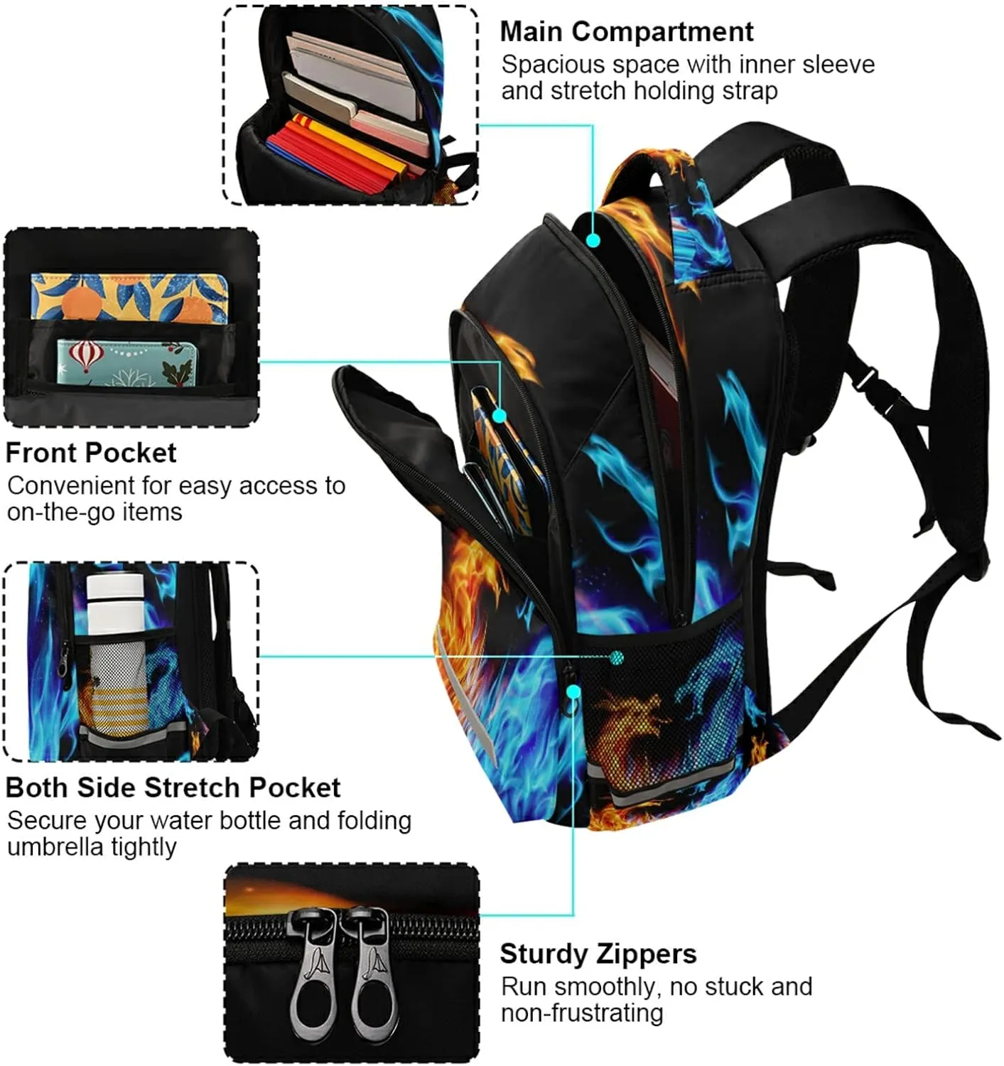 ALAZA Blue and Red Fiery Dragons Backpacks Travel Laptop Daypack School Book Bag for Men Women Teens Kids