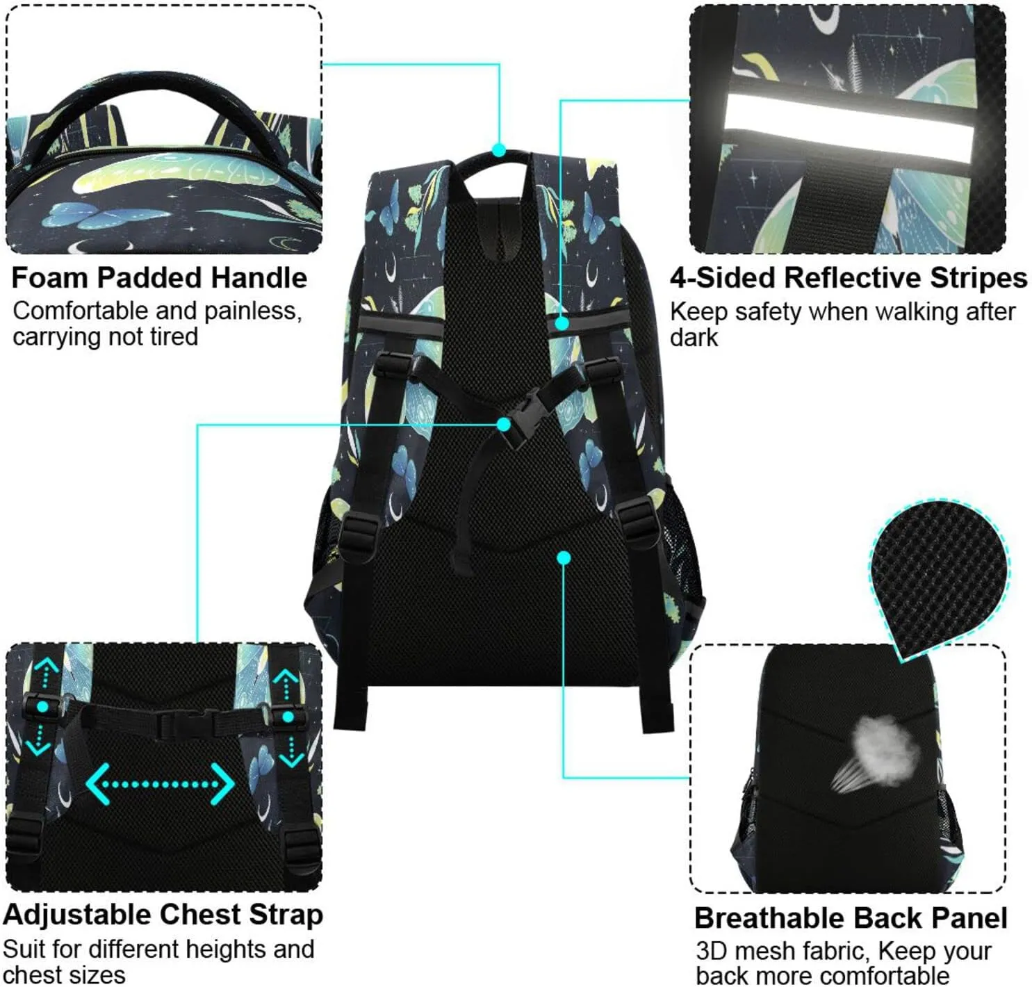 ALAZA Teal Blue Butterfly Moon Star Backpacks Travel Laptop Daypack School Book Bag for Men Women Teens Kids