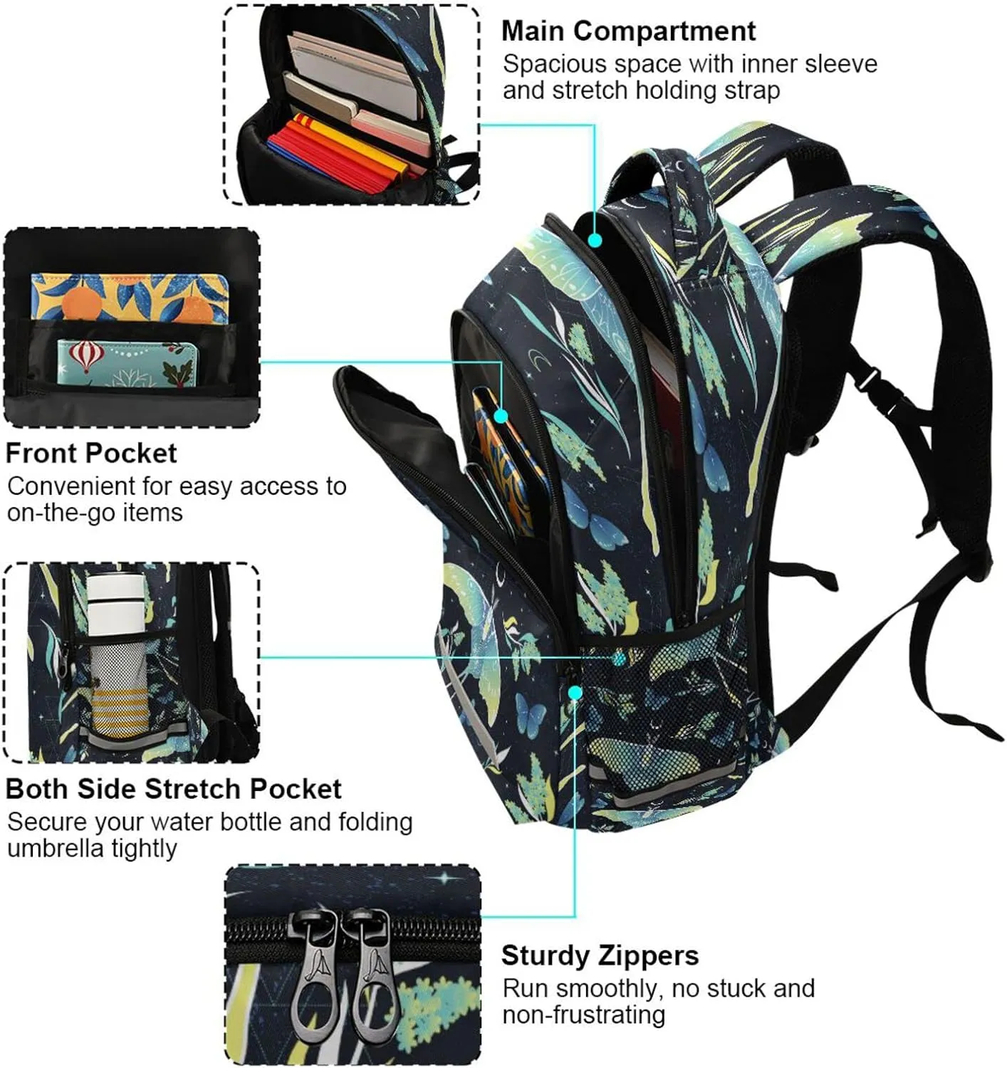 ALAZA Teal Blue Butterfly Moon Star Backpacks Travel Laptop Daypack School Book Bag for Men Women Teens Kids