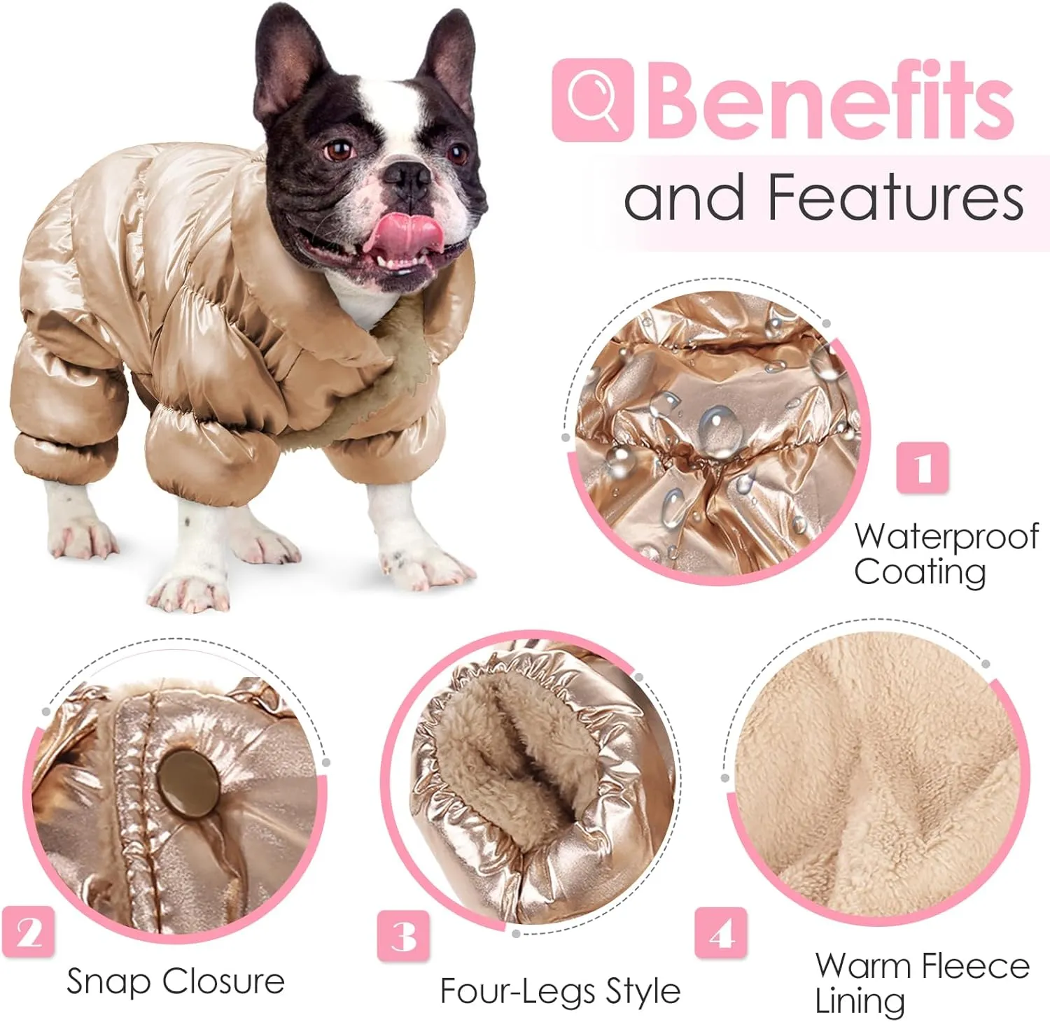 AOFITEE Dog Coat, Waterproof Dog Jacket, Fullbody Dogs Winter Coat Snowsuit, Windproof Puppy Puffer Jacket Snow Suit with Legs, Pet Fleece Winter Vest, Cold Weather Coats for Small Dogs, Gold S