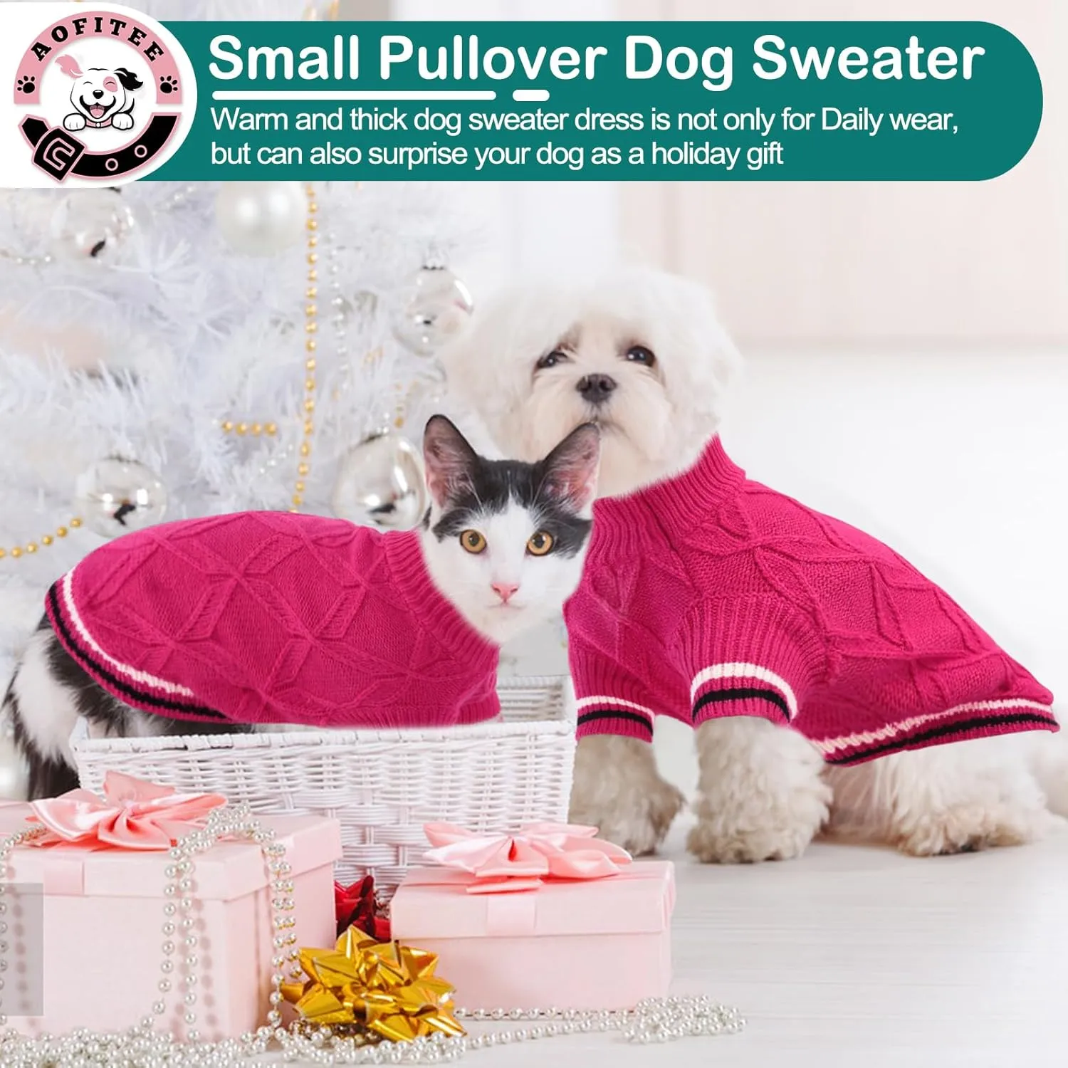 AOFITEE Dog Pullover Sweater, Warm Knitted Dog Sweaters for Small Medium Dogs, Cold Weather Small Dog Sweatshirt Solid Cat Christmas Sweater for Girls Boys Chihuahua Yorkie Teacup