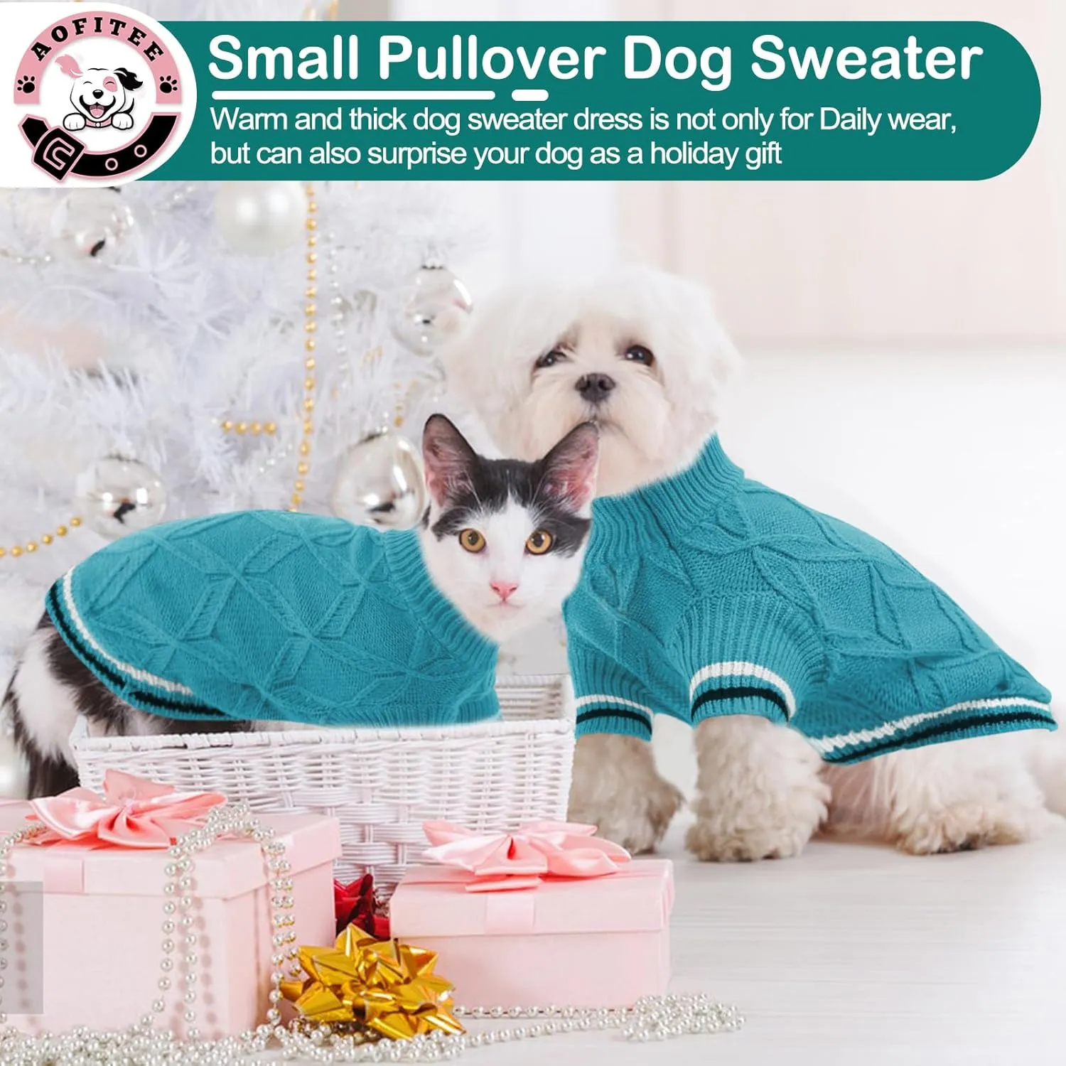 AOFITEE Dog Pullover Sweater, Warm Knitted Dog Sweaters for Small Medium Dogs, Cold Weather Small Dog Sweatshirt Solid Cat Christmas Sweater for Girls Boys Chihuahua Yorkie Teacup