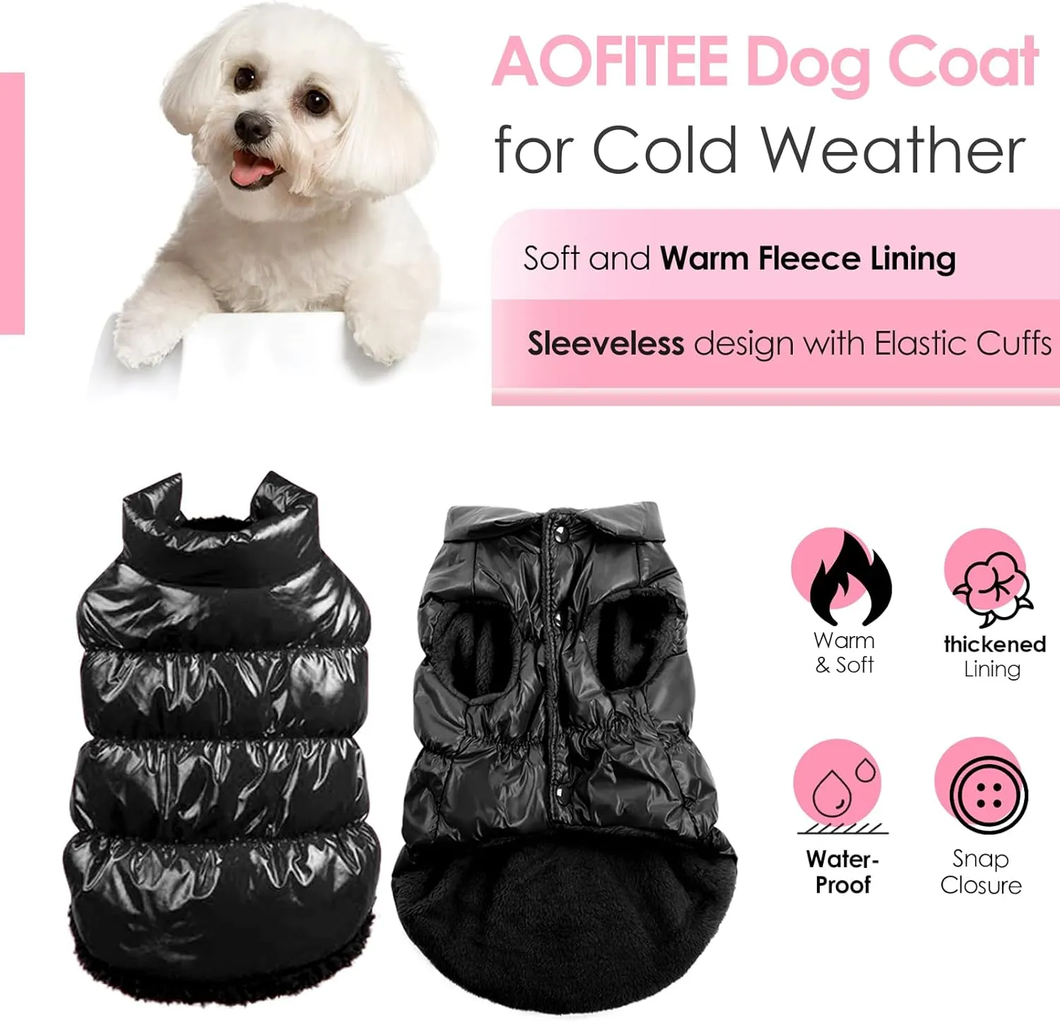 AOFITEE Dog Winter Coat, Waterproof Dog Jacket, Warm Small Dogs Coat, Fleece Dogs Puffer Jacket, Windproof Pet Snowsuit, Cozy Female Male Pet Snow Jackets Fleece Vest with Snap Closure, Black Medium