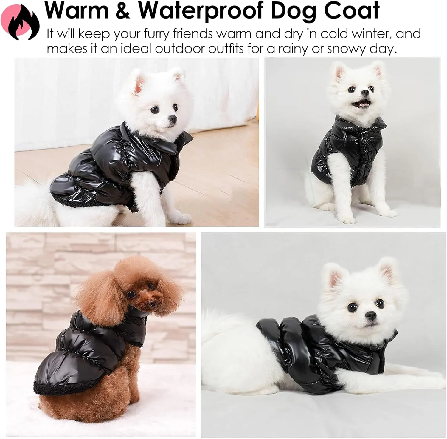 AOFITEE Dog Winter Coat, Waterproof Dog Jacket, Warm Small Dogs Coat, Fleece Dogs Puffer Jacket, Windproof Pet Snowsuit, Cozy Female Male Pet Snow Jackets Fleece Vest with Snap Closure, Black Medium