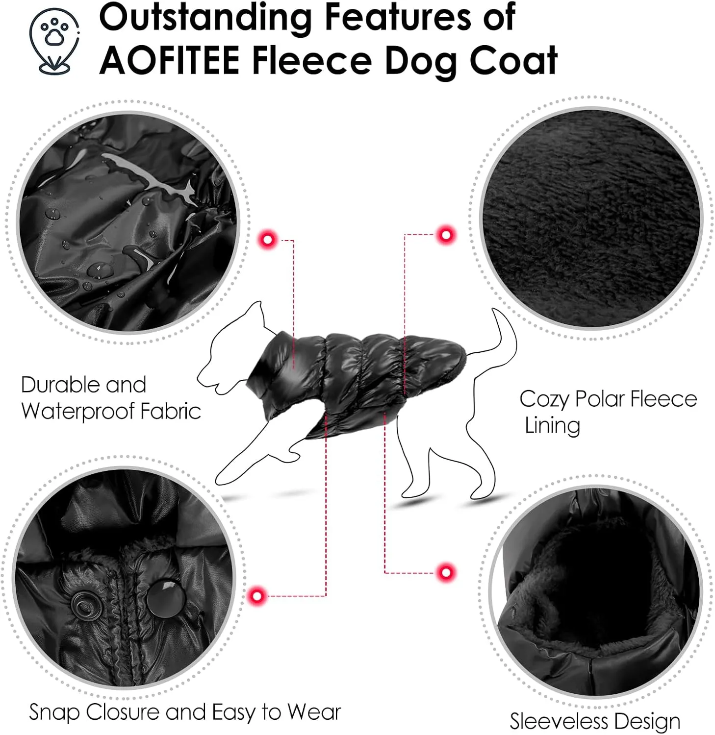 AOFITEE Dog Winter Coat, Waterproof Dog Jacket, Warm Small Dogs Coat, Fleece Dogs Puffer Jacket, Windproof Pet Snowsuit, Cozy Female Male Pet Snow Jackets Fleece Vest with Snap Closure, Black Medium