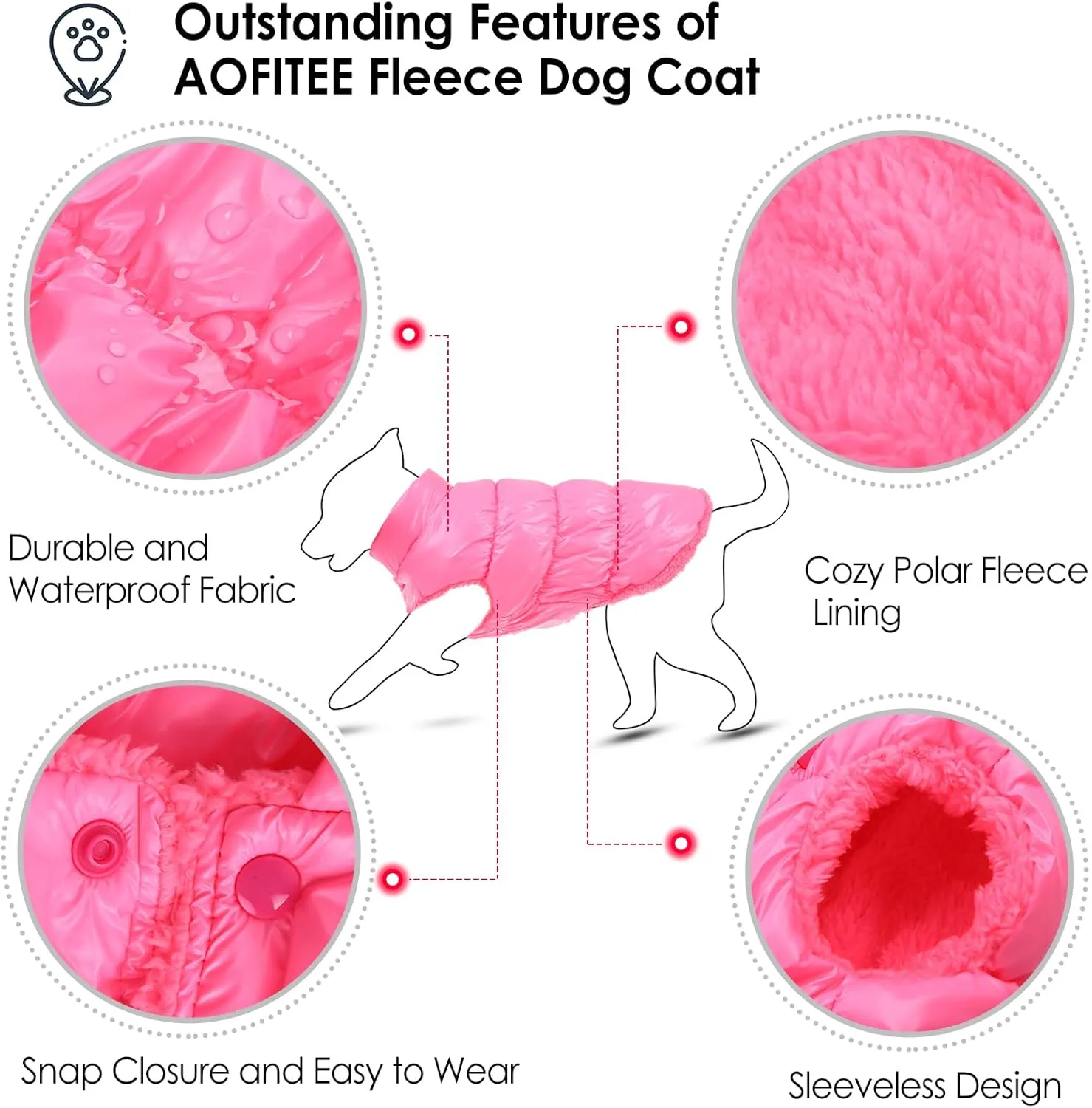 AOFITEE Dog Winter Coat, Waterproof Dog Jacket, Warm Small Dogs Coat, Fleece Dogs Puffer Jacket, Windproof Pet Snowsuit, Cozy Female Male Pet Snow Jackets Fleece Vest with Snap Closure, Pink, Medium
