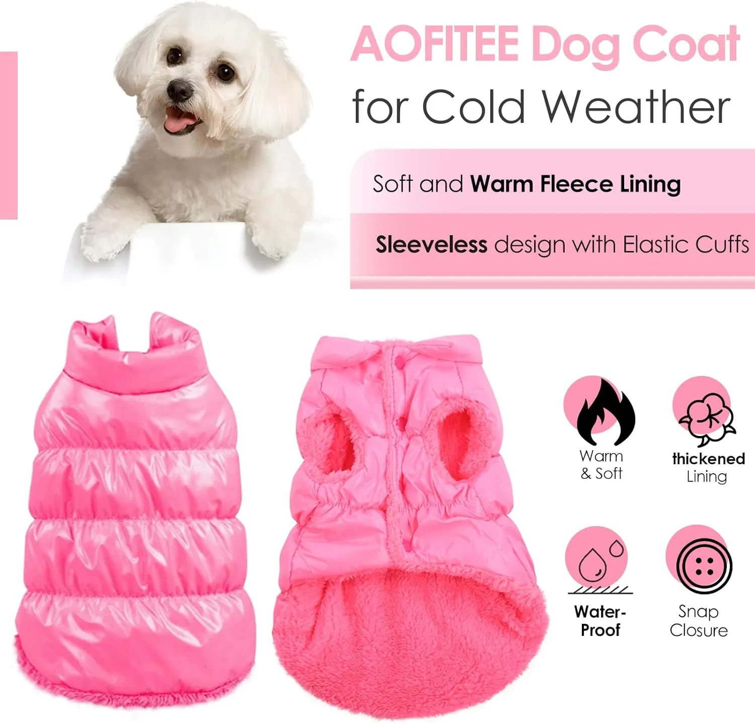 AOFITEE Dog Winter Coat, Waterproof Dog Jacket, Warm Small Dogs Coat, Fleece Dogs Puffer Jacket, Windproof Pet Snowsuit, Cozy Female Male Pet Snow Jackets Fleece Vest with Snap Closure, Pink, Medium