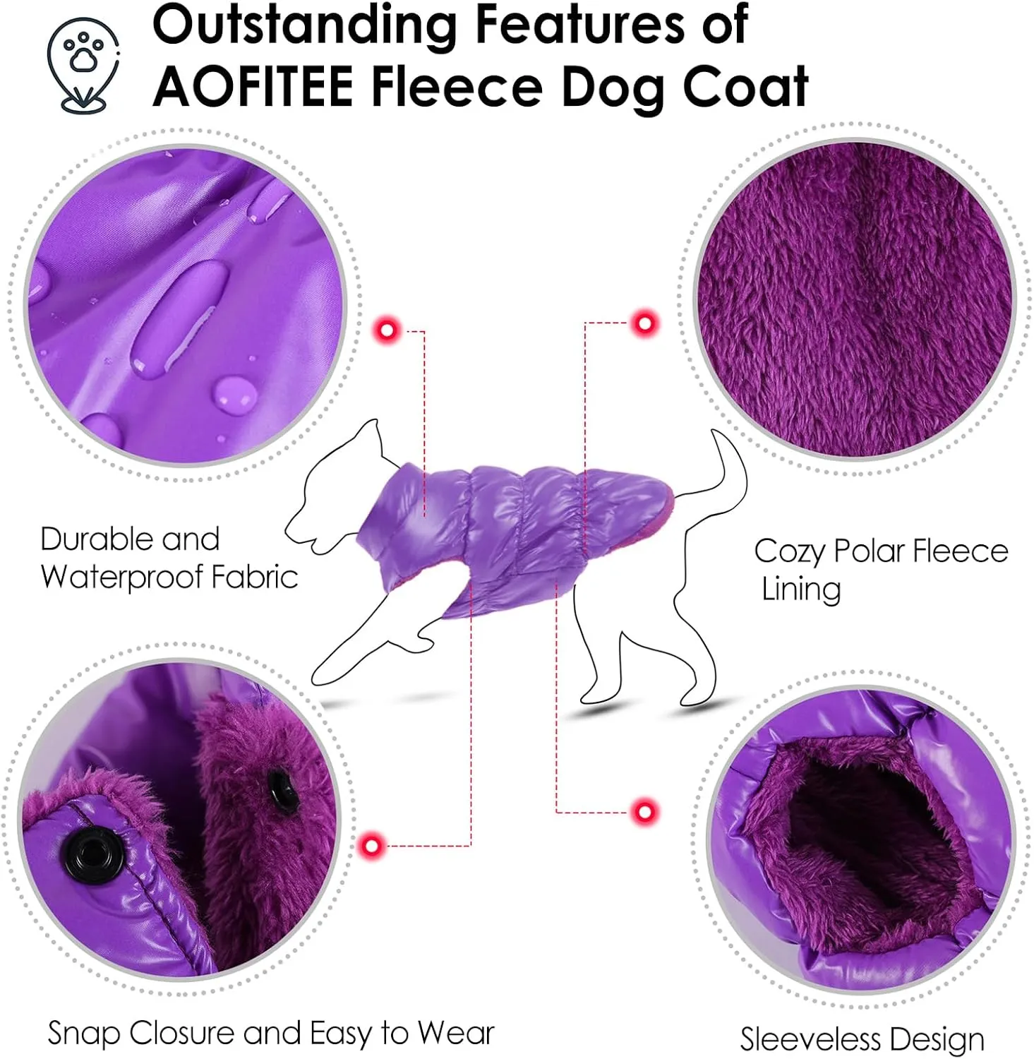 AOFITEE Dog Winter Coat, Waterproof Dog Jacket, Warm Small Dogs Coat, Fleece Dogs Puffer Jacket, Windproof Pet Snowsuit, Cozy Female Male Pet Snow Jackets Fleece Vest with Snap Closure, Purple, M