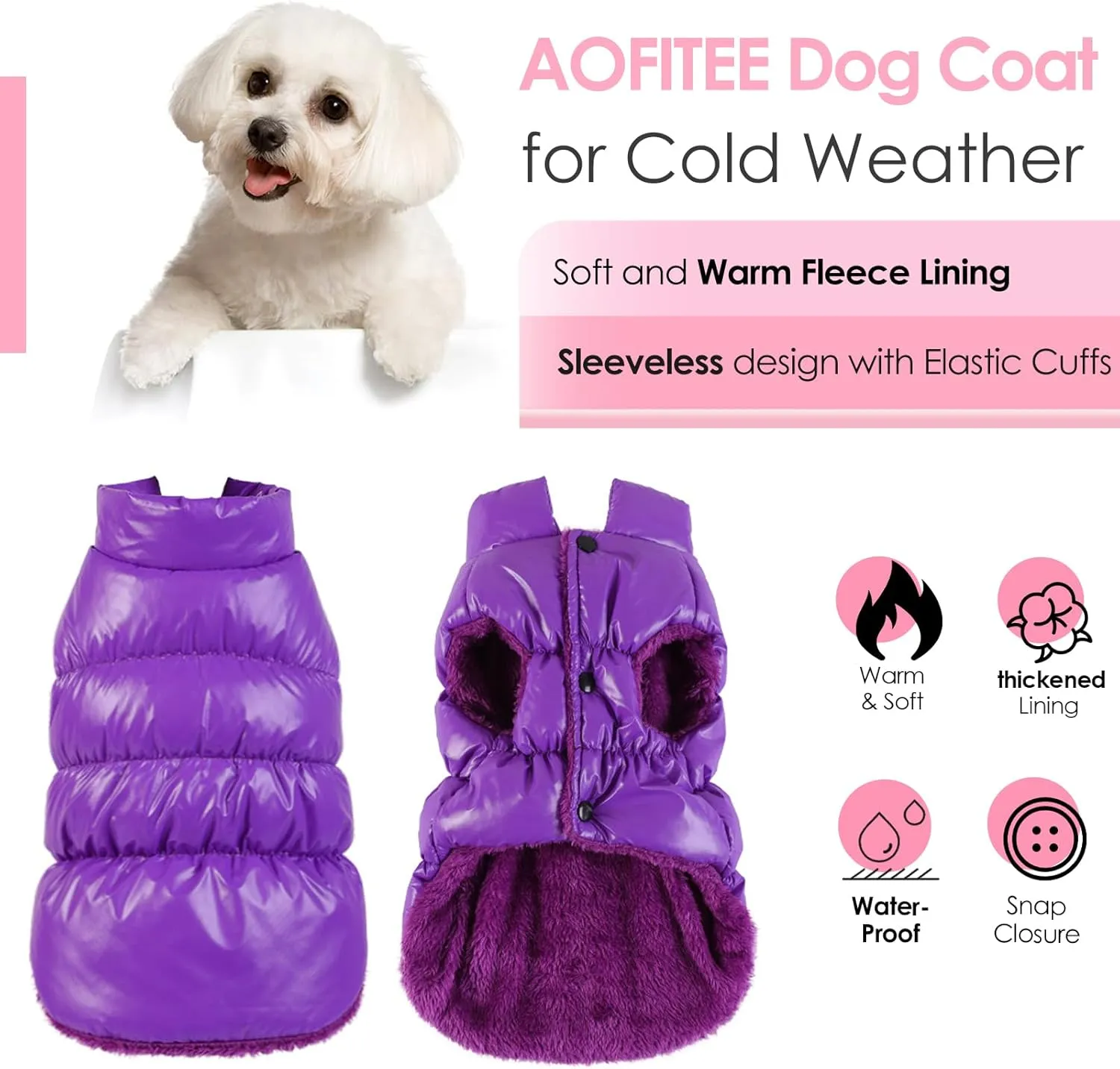 AOFITEE Dog Winter Coat, Waterproof Dog Jacket, Warm Small Dogs Coat, Fleece Dogs Puffer Jacket, Windproof Pet Snowsuit, Cozy Female Male Pet Snow Jackets Fleece Vest with Snap Closure, Purple, M