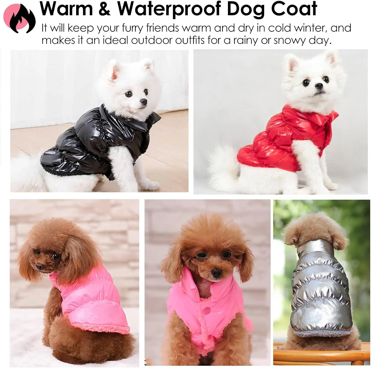 AOFITEE Dog Winter Coat, Waterproof Dog Jacket, Warm Small Dogs Coat, Fleece Dogs Puffer Jacket, Windproof Pet Snowsuit, Cozy Female Male Pet Snow Jackets Fleece Vest with Snap Closure, Silver, M