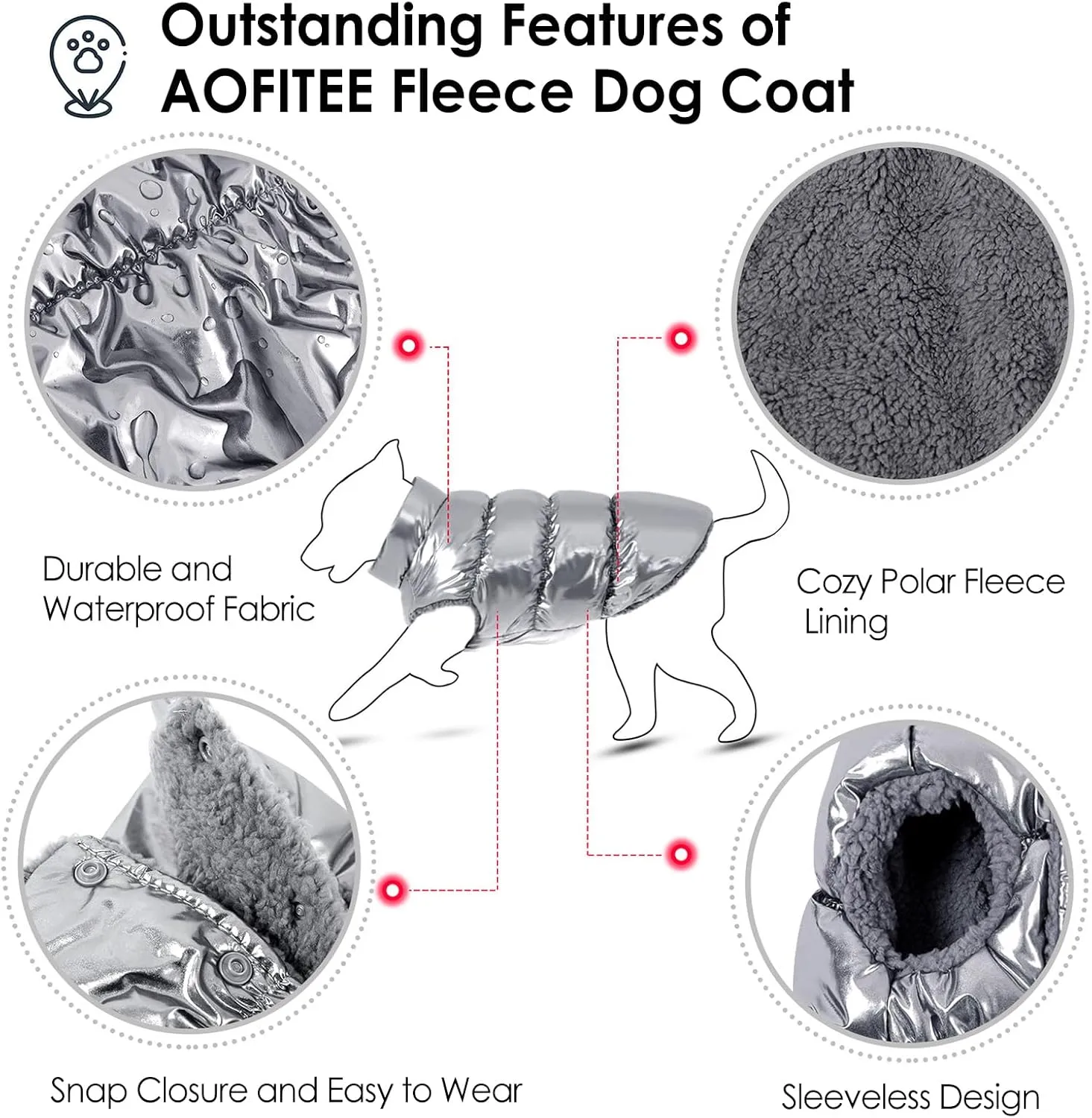 AOFITEE Dog Winter Coat, Waterproof Dog Jacket, Warm Small Dogs Coat, Fleece Dogs Puffer Jacket, Windproof Pet Snowsuit, Cozy Female Male Pet Snow Jackets Fleece Vest with Snap Closure, Silver, M