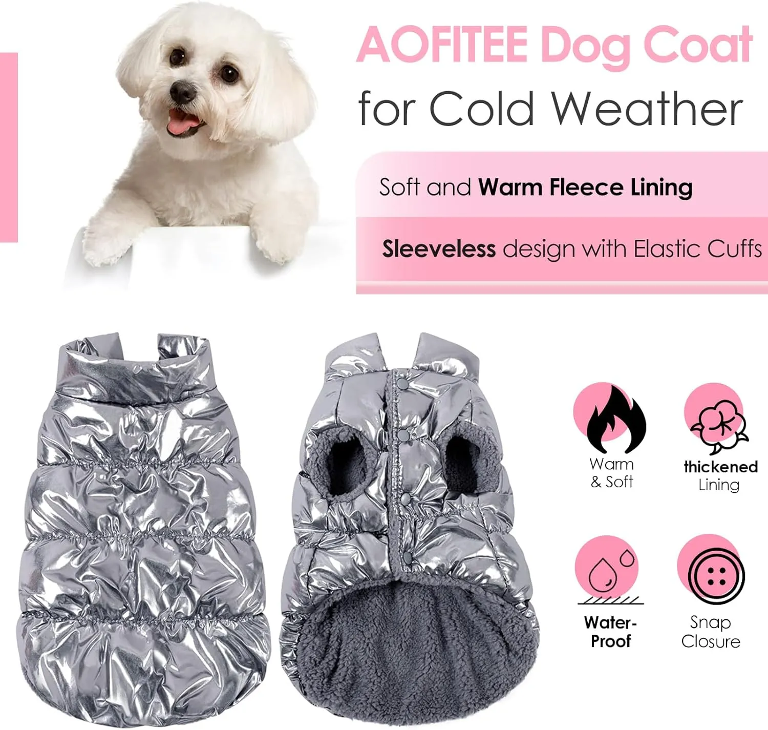AOFITEE Dog Winter Coat, Waterproof Dog Jacket, Warm Small Dogs Coat, Fleece Dogs Puffer Jacket, Windproof Pet Snowsuit, Cozy Female Male Pet Snow Jackets Fleece Vest with Snap Closure, Silver, M