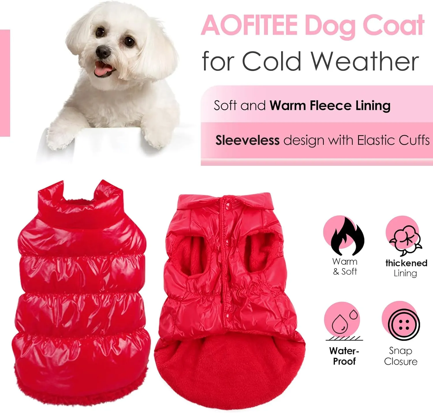 AOFITEE Dog Winter Coat, Waterproof Dog Jacket, Warm Small Dogs Coat, Fleece Dogs Puffer Jacket, Windproof Pet Snowsuit, Female Male Pet Snow Jackets Fleece Vest with Snap Closure, Christmas Red, M