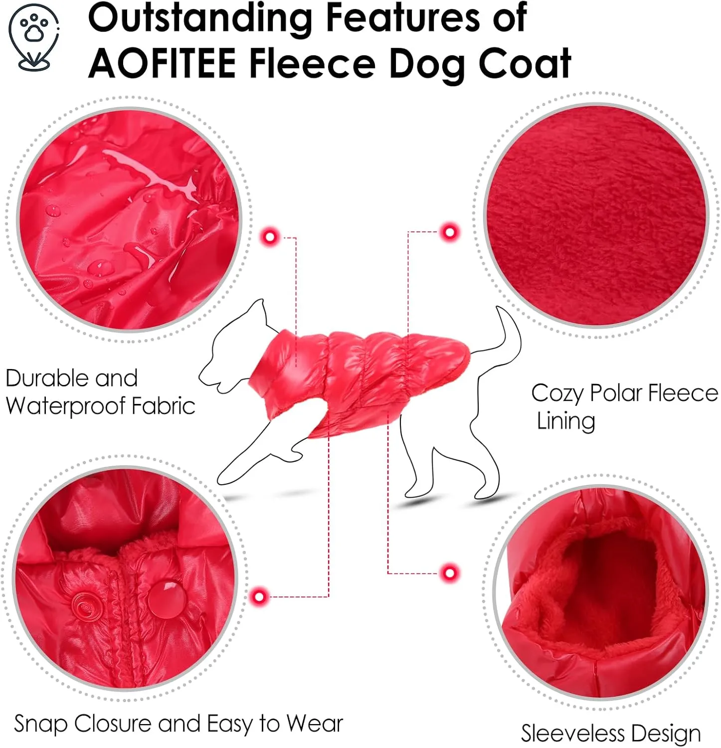 AOFITEE Dog Winter Coat, Waterproof Dog Jacket, Warm Small Dogs Coat, Fleece Dogs Puffer Jacket, Windproof Pet Snowsuit, Female Male Pet Snow Jackets Fleece Vest with Snap Closure, Christmas Red, M