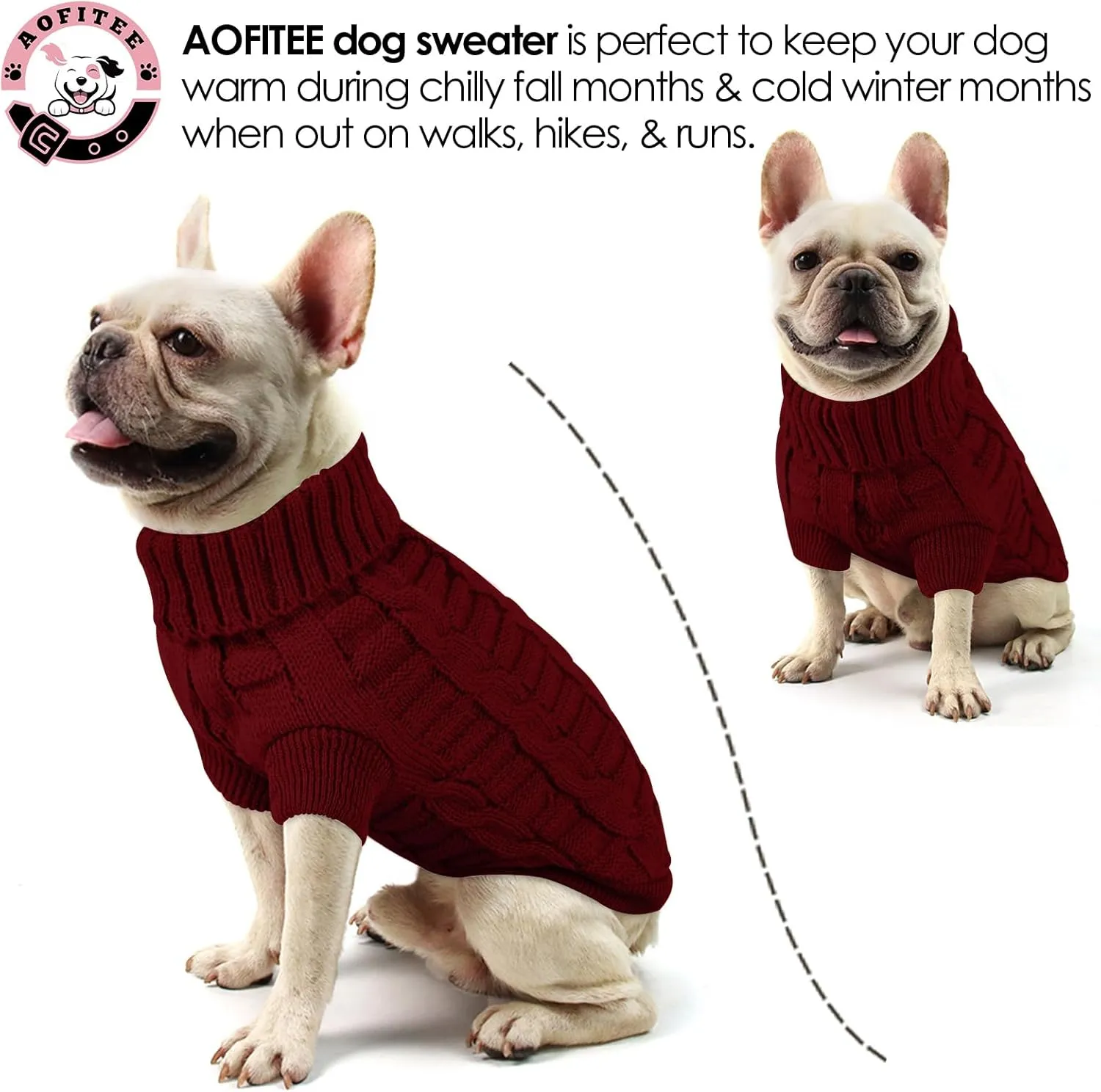 AOFITEE XS Dog Christmas Sweater, Knitted Turtleneck Knitwear for Small Dogs Cats, Cold Weather Classic Solid Color Sweatshirt