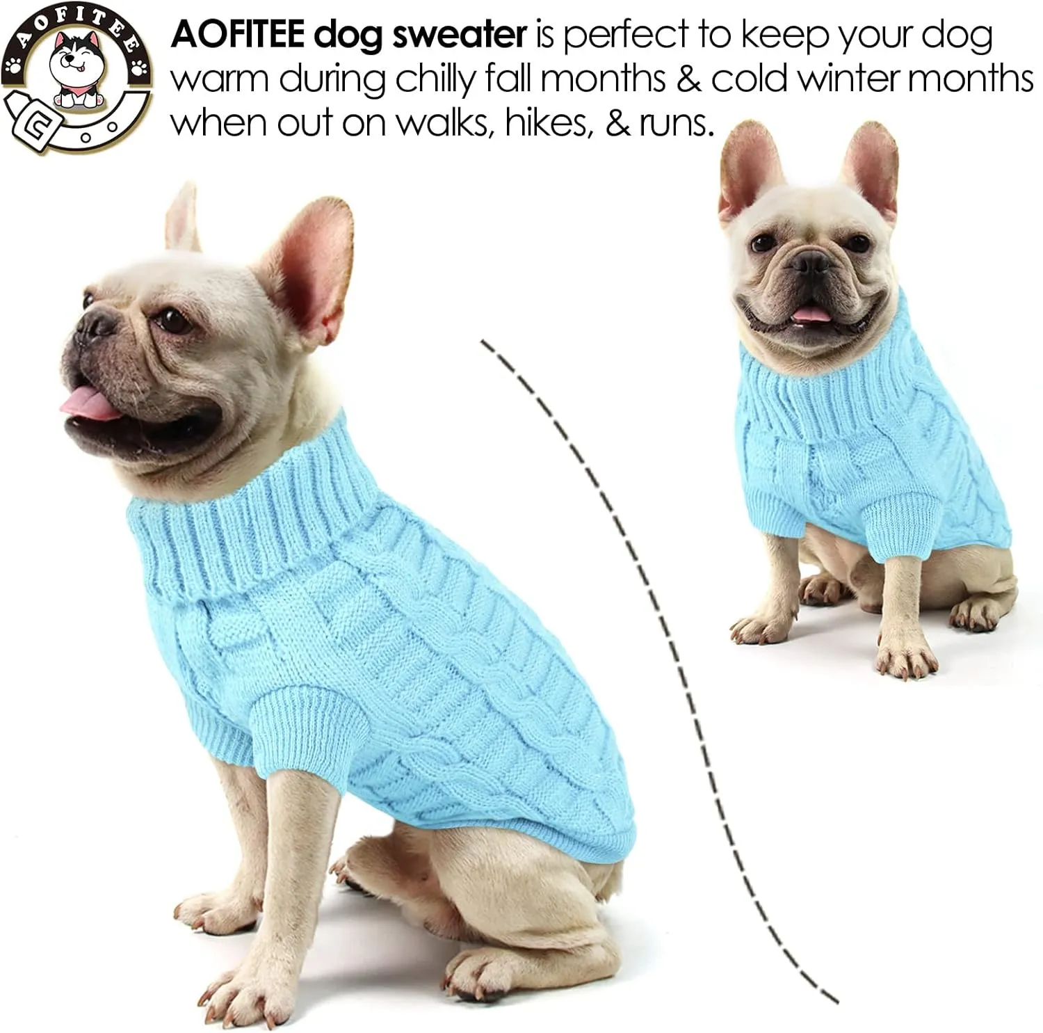 AOFITEE XS Dog Sweater - Knitted Christmas Turtleneck Knitwear for Small Dogs and Cats, Cold Weather Classic Solid Color Sweatshirt, Blue