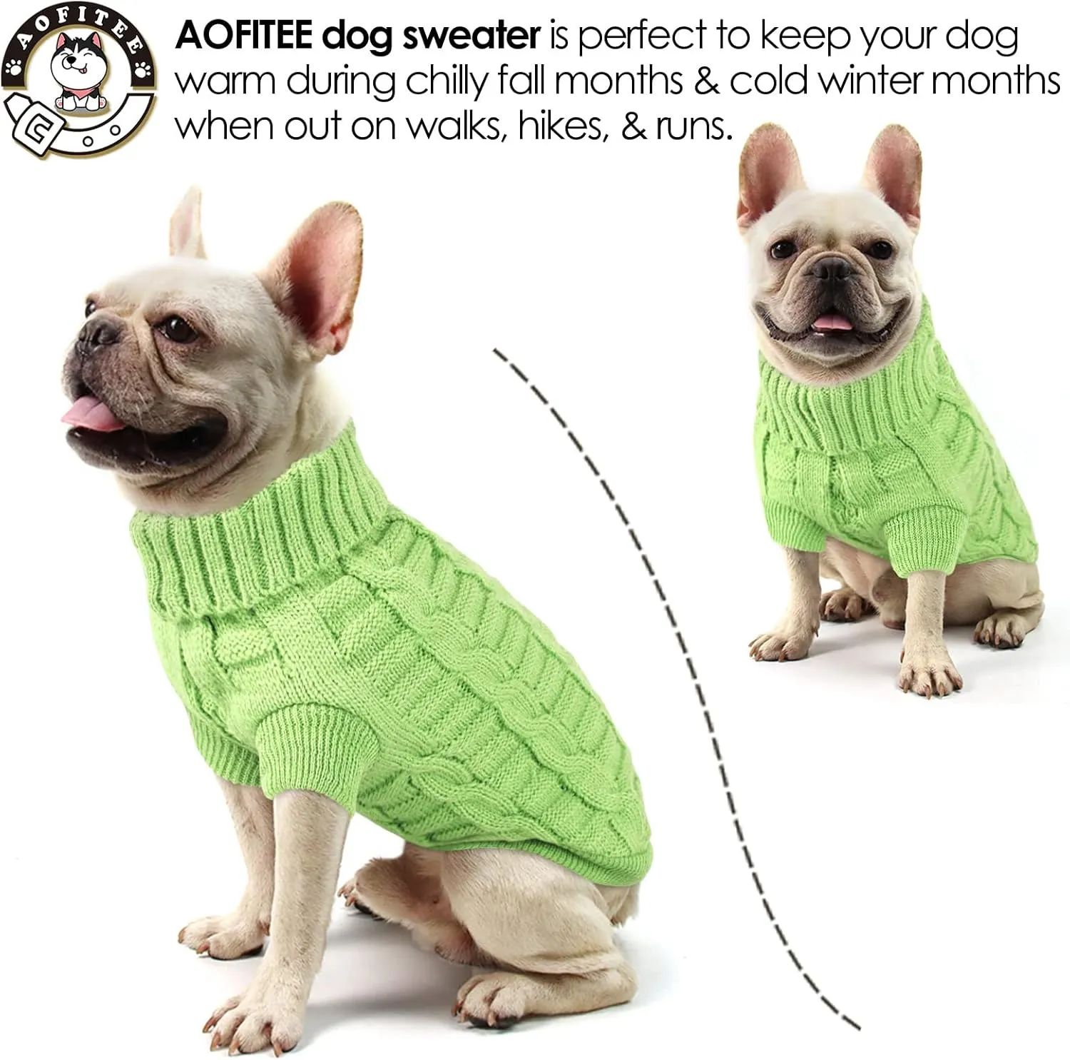 AOFITEE XS Dog Sweater - Knitted Christmas Turtleneck Knitwear for Small Dogs Cats, Cold Weather Classic Solid Color Sweatshirt, XS Green