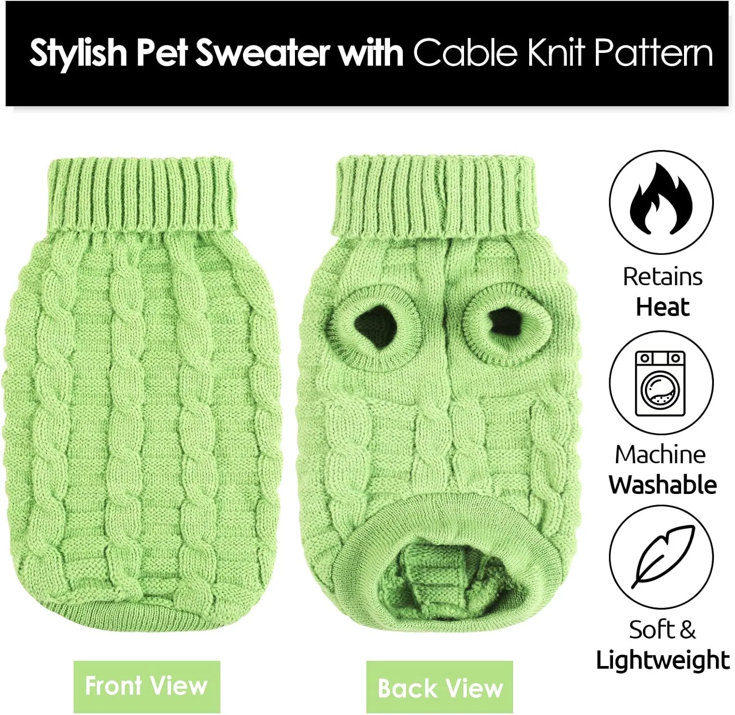 AOFITEE XS Dog Sweater - Knitted Christmas Turtleneck Knitwear for Small Dogs Cats, Cold Weather Classic Solid Color Sweatshirt, XS Green