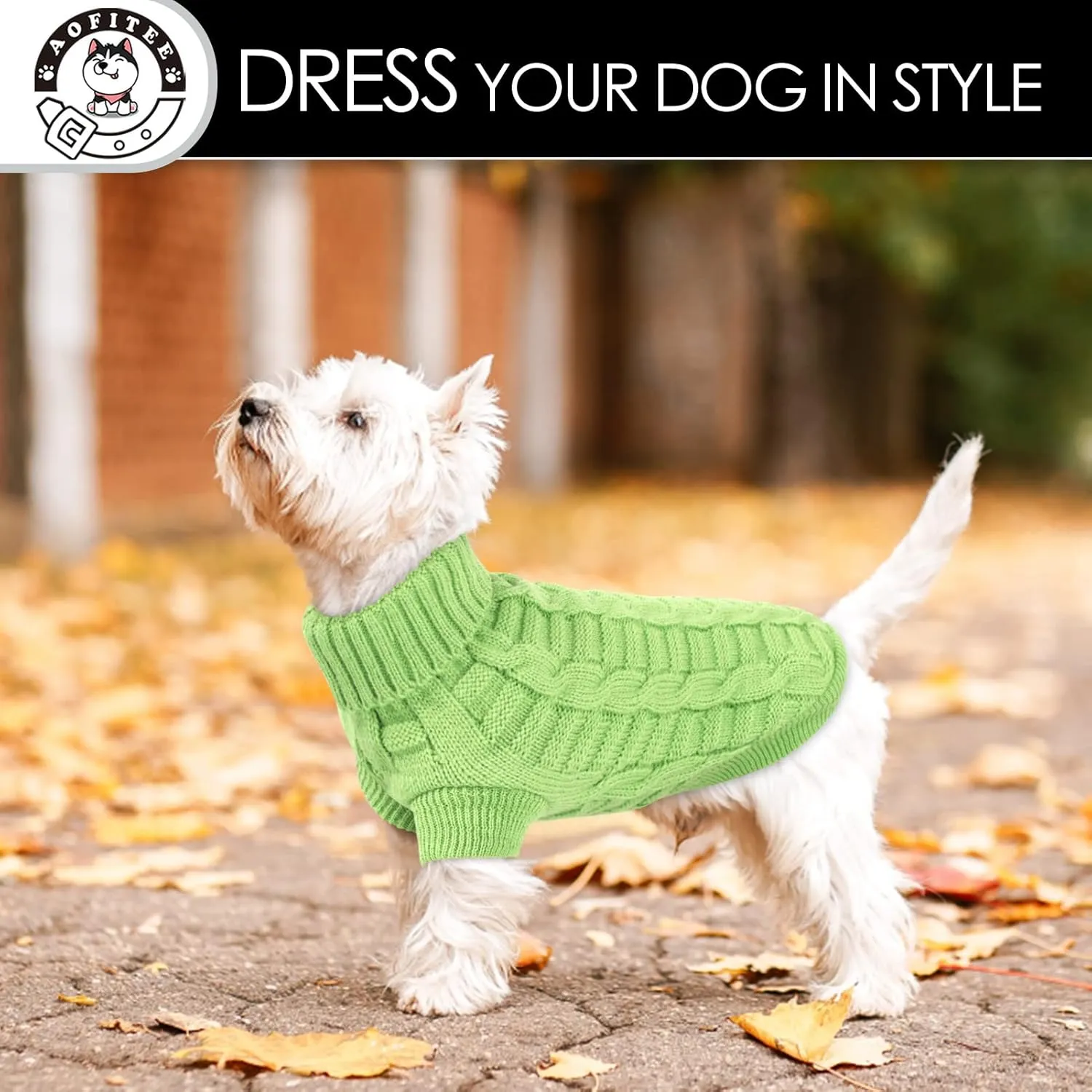AOFITEE XS Dog Sweater - Knitted Christmas Turtleneck Knitwear for Small Dogs Cats, Cold Weather Classic Solid Color Sweatshirt, XS Green