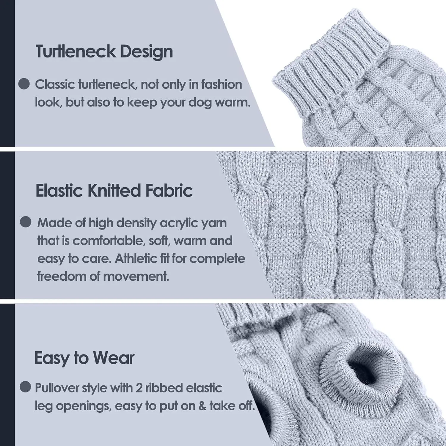 AOFITEE XS Dog Sweater, Knitted Christmas Turtleneck Knitwear for Small Dogs Cats, Cold Weather Classic Solid Color Sweatshirt, XS Grey