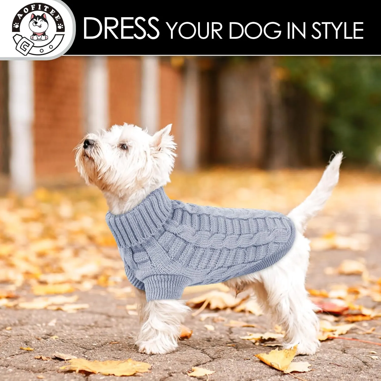 AOFITEE XS Dog Sweater, Knitted Christmas Turtleneck Knitwear for Small Dogs Cats, Cold Weather Classic Solid Color Sweatshirt, XS Grey