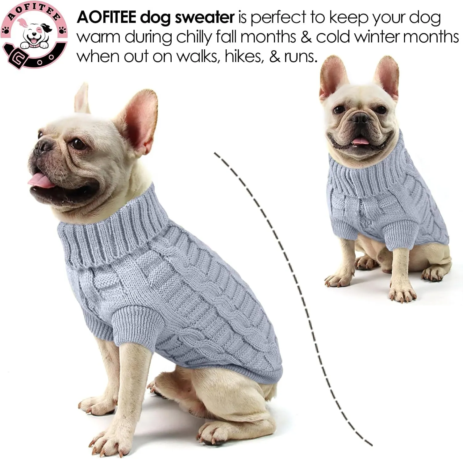 AOFITEE XS Dog Sweater, Knitted Christmas Turtleneck Knitwear for Small Dogs Cats, Cold Weather Classic Solid Color Sweatshirt, XS Grey