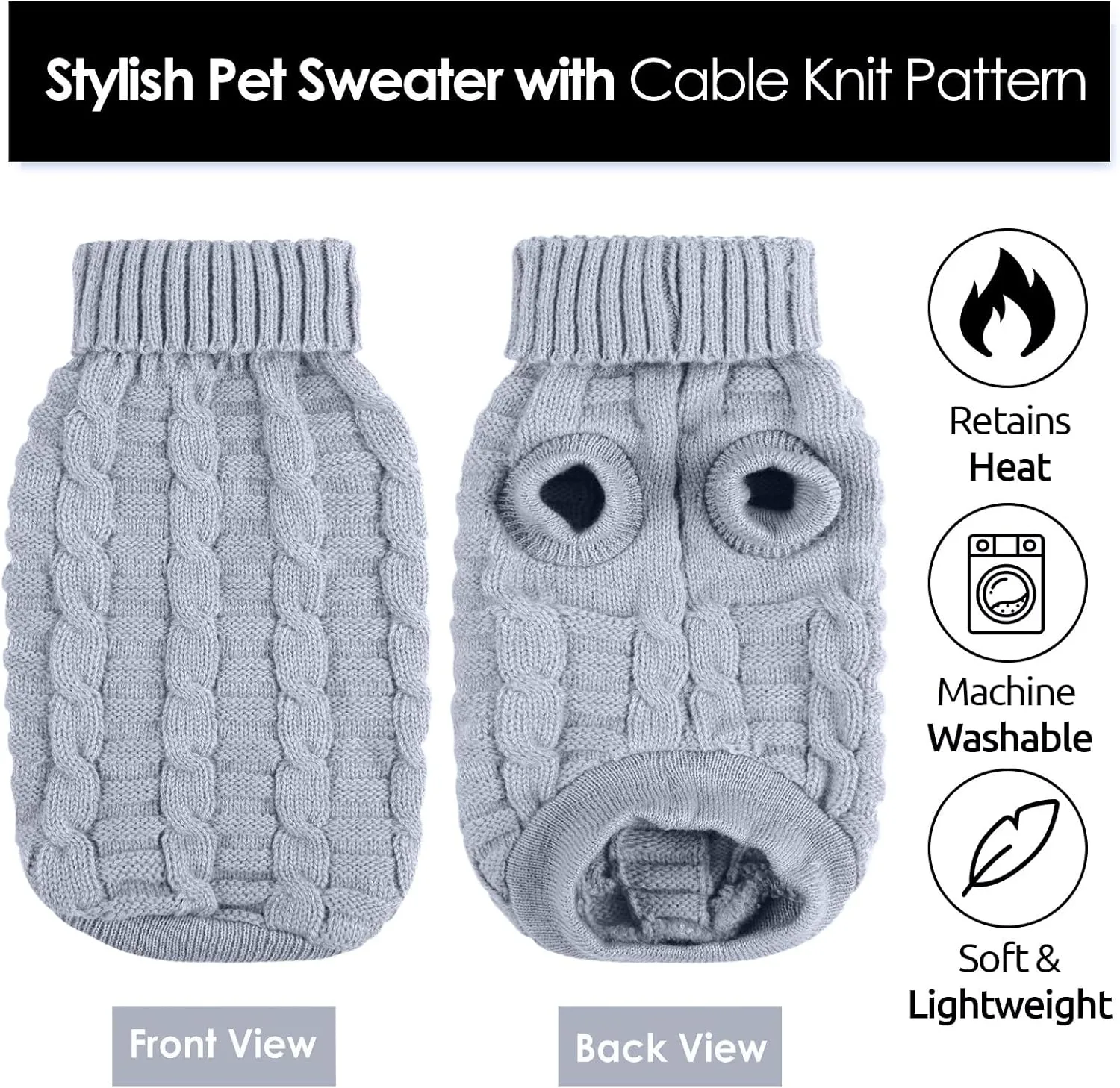AOFITEE XS Dog Sweater, Knitted Christmas Turtleneck Knitwear for Small Dogs Cats, Cold Weather Classic Solid Color Sweatshirt, XS Grey