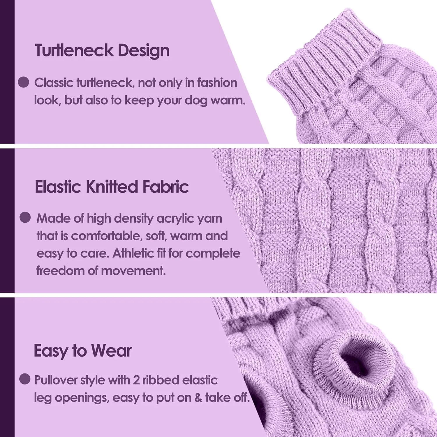 AOFITEE XS Dog Sweater - Knitted Christmas Turtleneck Knitwear for Small Dogs Cats, Cold Weather Classic Solid Color Sweatshirt, XS Purple