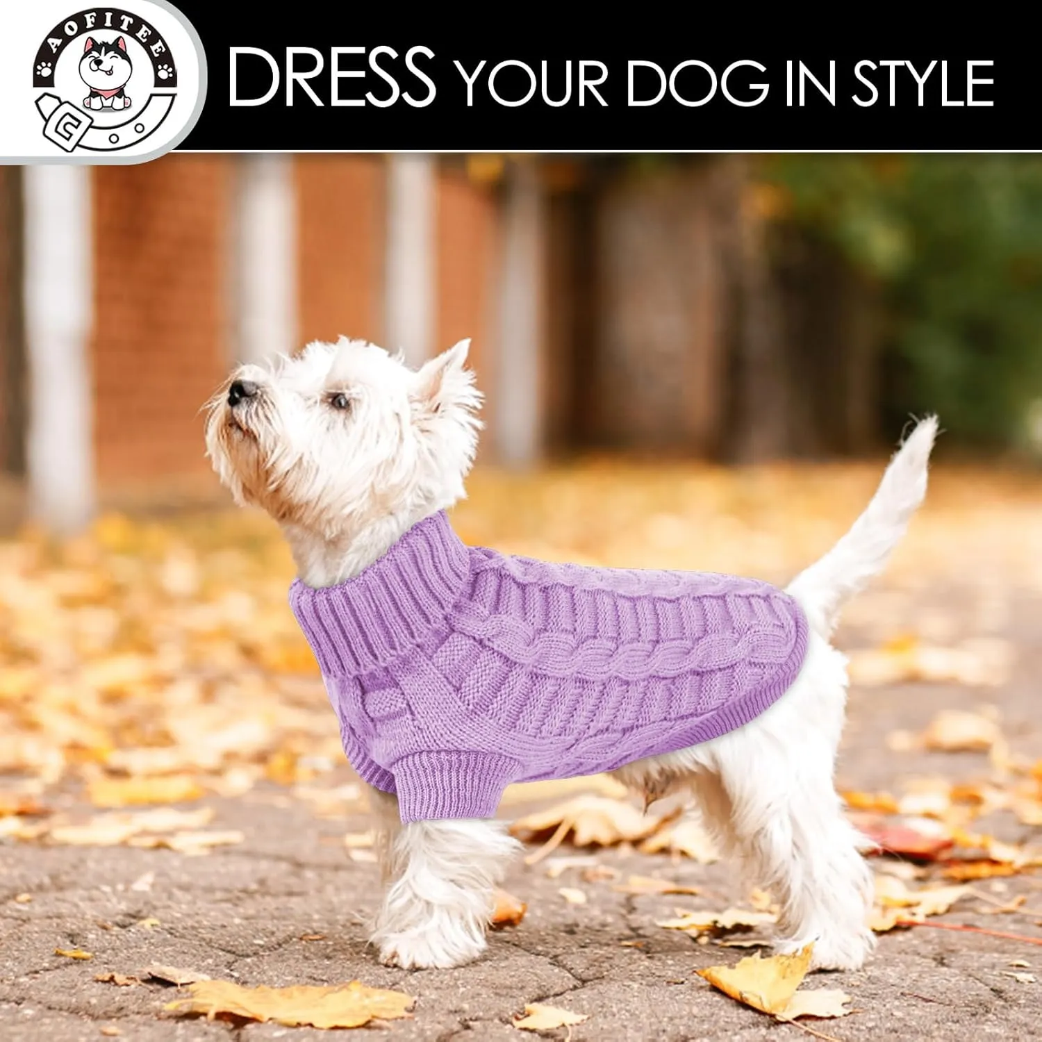 AOFITEE XS Dog Sweater - Knitted Christmas Turtleneck Knitwear for Small Dogs Cats, Cold Weather Classic Solid Color Sweatshirt, XS Purple