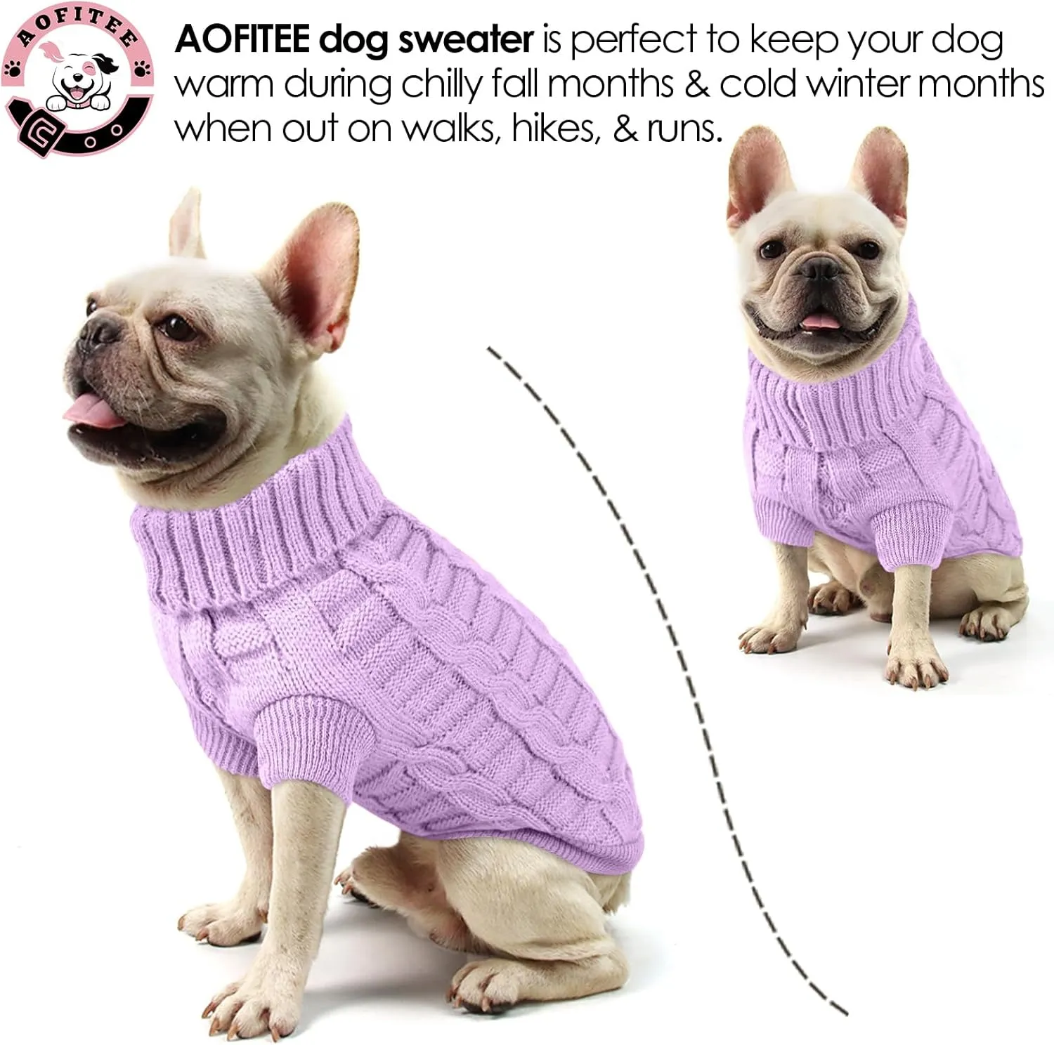 AOFITEE XS Dog Sweater - Knitted Christmas Turtleneck Knitwear for Small Dogs Cats, Cold Weather Classic Solid Color Sweatshirt, XS Purple