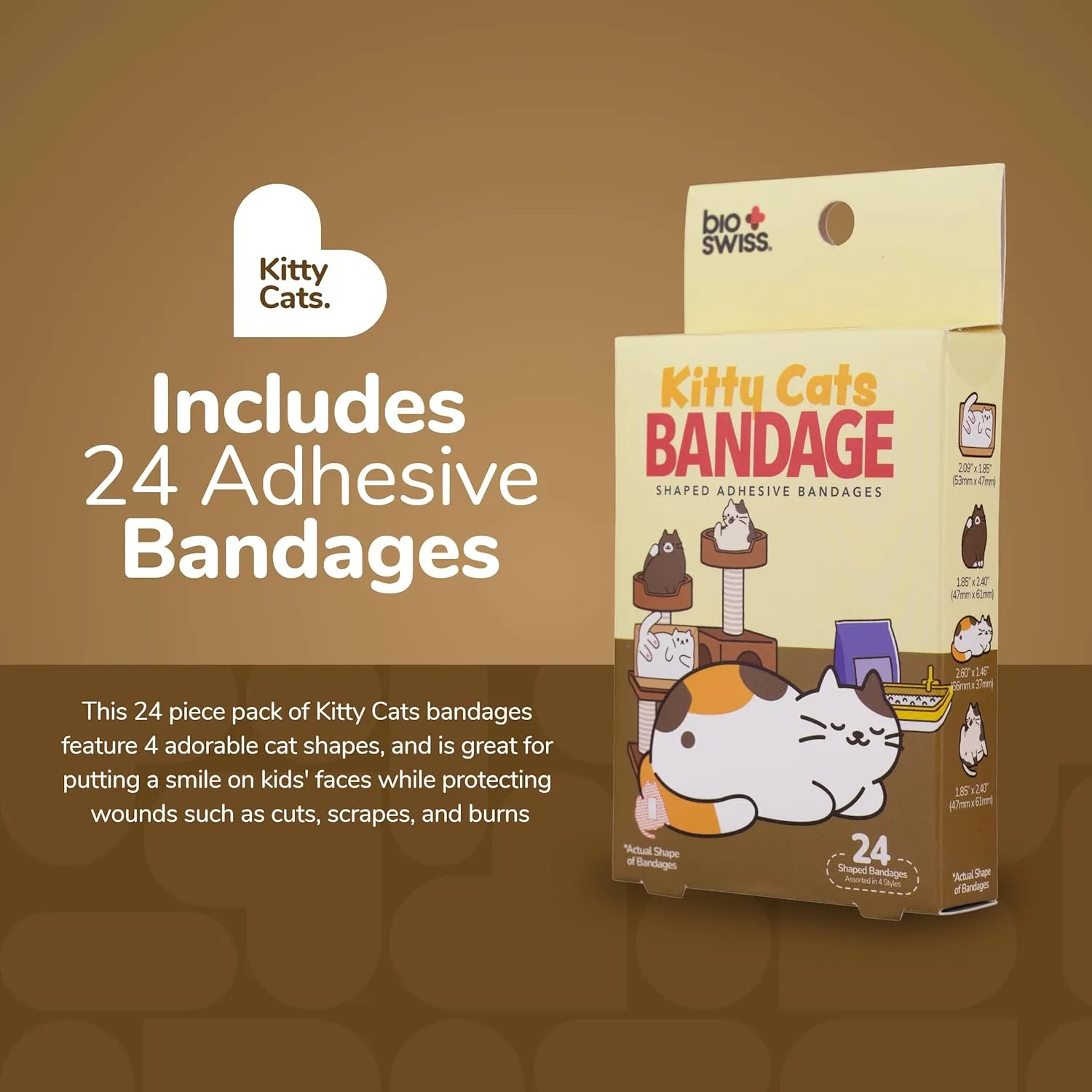 BioSwiss Bandages, Kitty Cats Shaped Self Adhesive Bandage, Latex Free Sterile Wound Care, Fun First Aid Kit Supplies for Kids and Adults, 24 Count