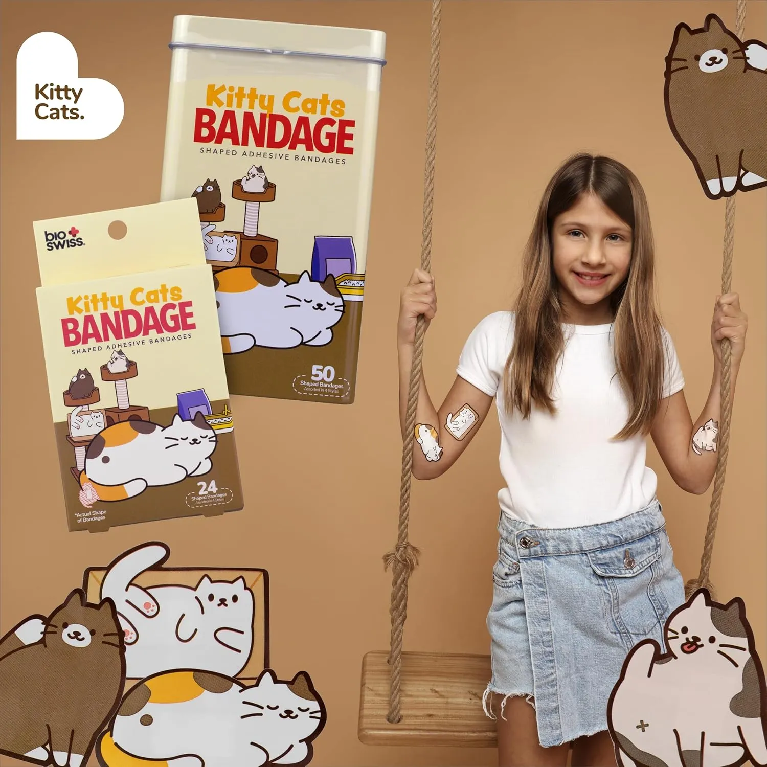 BioSwiss Bandages, Kitty Cats Shaped Self Adhesive Bandage, Latex Free Sterile Wound Care, Fun First Aid Kit Supplies for Kids and Adults, 24 Count
