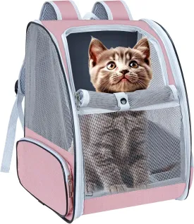 Cat Backpack Carrier, TSA Airline Approved Foldable Waterproof Cat Pet Backpack for Small Cats and Small Dogs with Bottom Support (Pink)