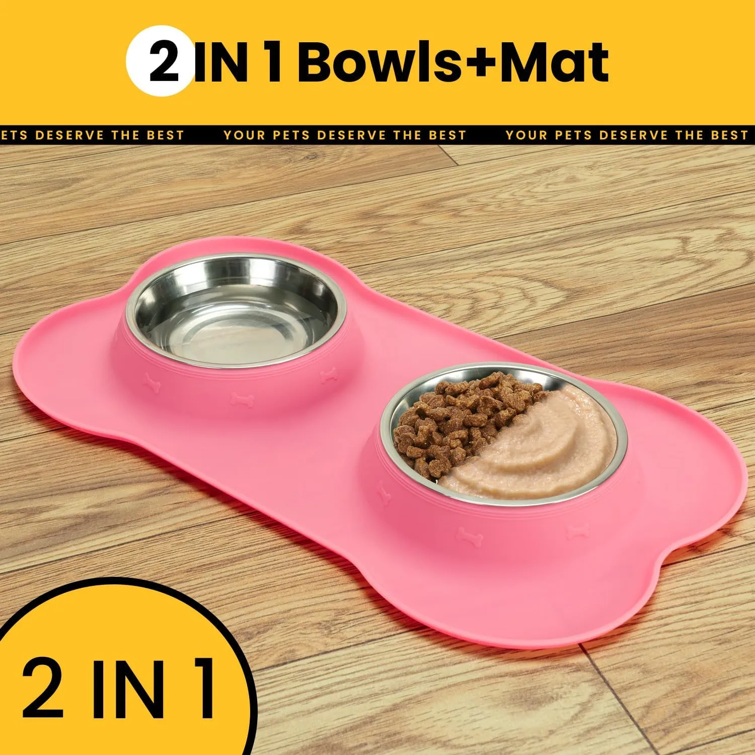 Cat Dog Bowls with Silicone Feeding Mat, No Spill Food Water Dish Set, Dishwasher Safe, 2 Stainless Steel Puppy Bowls, Suitable for Tiny Dogs Kittens Rabbits Pets Under 8lbs, Extra Small, Pink