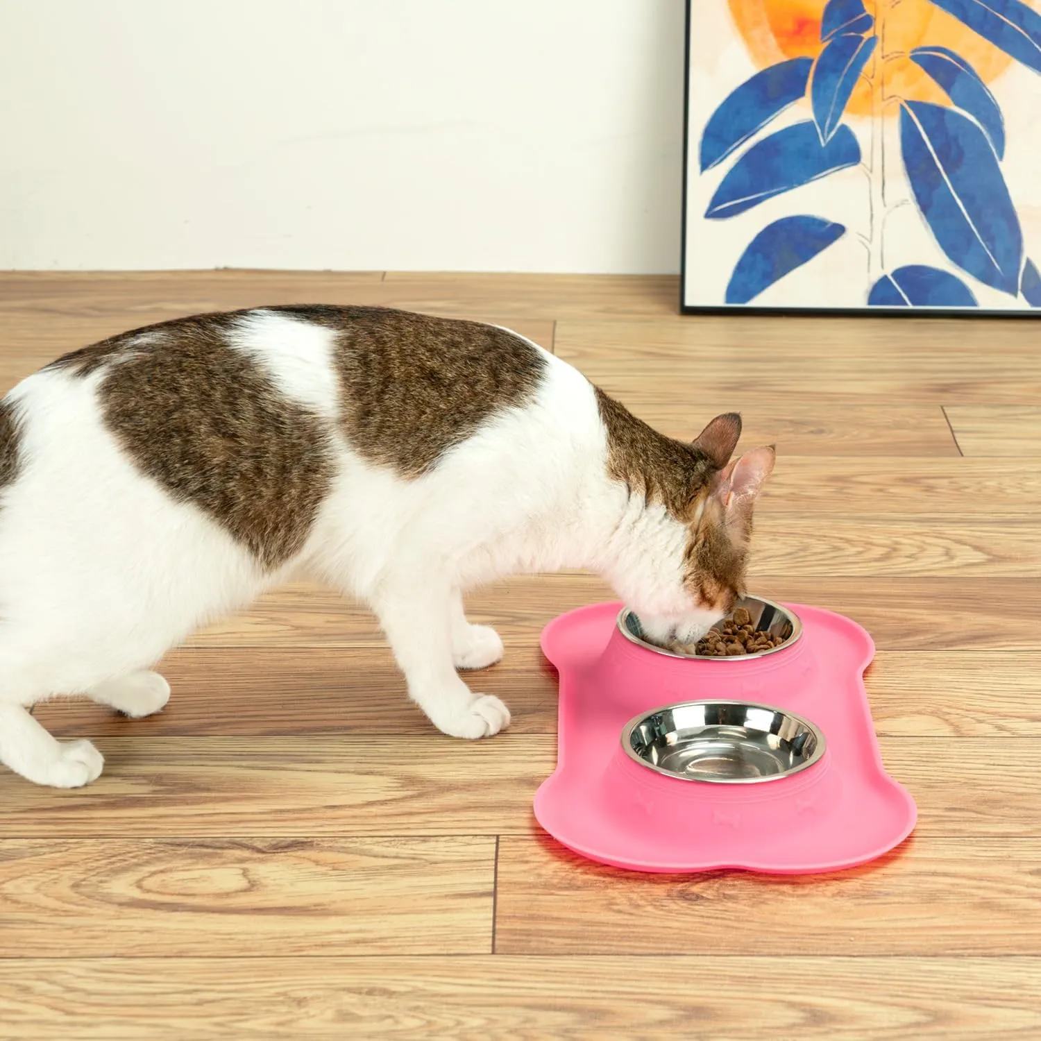 Cat Dog Bowls with Silicone Feeding Mat, No Spill Food Water Dish Set, Dishwasher Safe, 2 Stainless Steel Puppy Bowls, Suitable for Tiny Dogs Kittens Rabbits Pets Under 8lbs, Extra Small, Pink