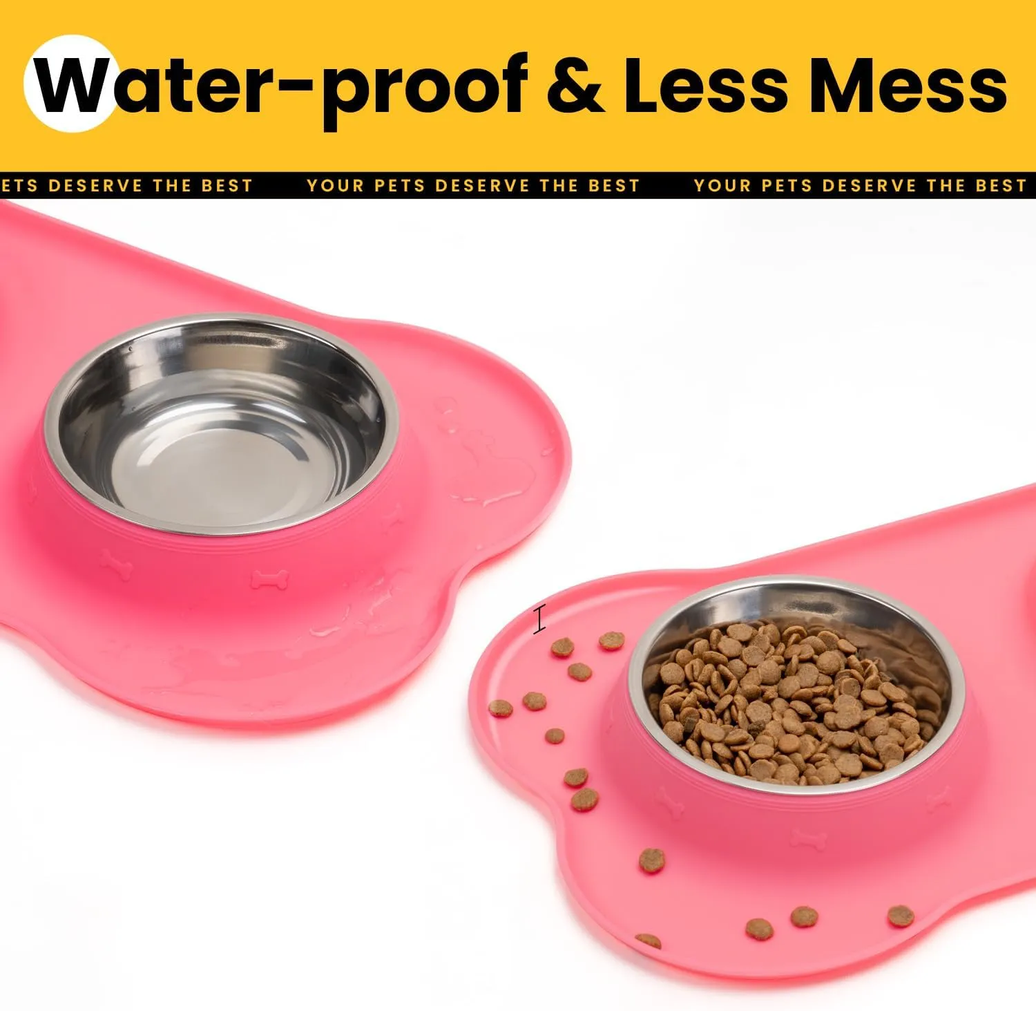 Cat Dog Bowls with Silicone Feeding Mat, No Spill Food Water Dish Set, Dishwasher Safe, 2 Stainless Steel Puppy Bowls, Suitable for Tiny Dogs Kittens Rabbits Pets Under 8lbs, Extra Small, Pink