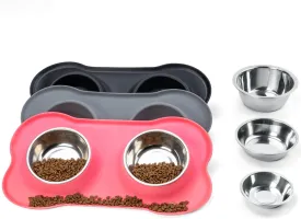 Cat Dog Bowls with Silicone Feeding Mat, No Spill Food Water Dish Set, Dishwasher Safe, 2 Stainless Steel Puppy Bowls, Suitable for Tiny Dogs Kittens Rabbits Pets Under 8lbs, Extra Small, Pink