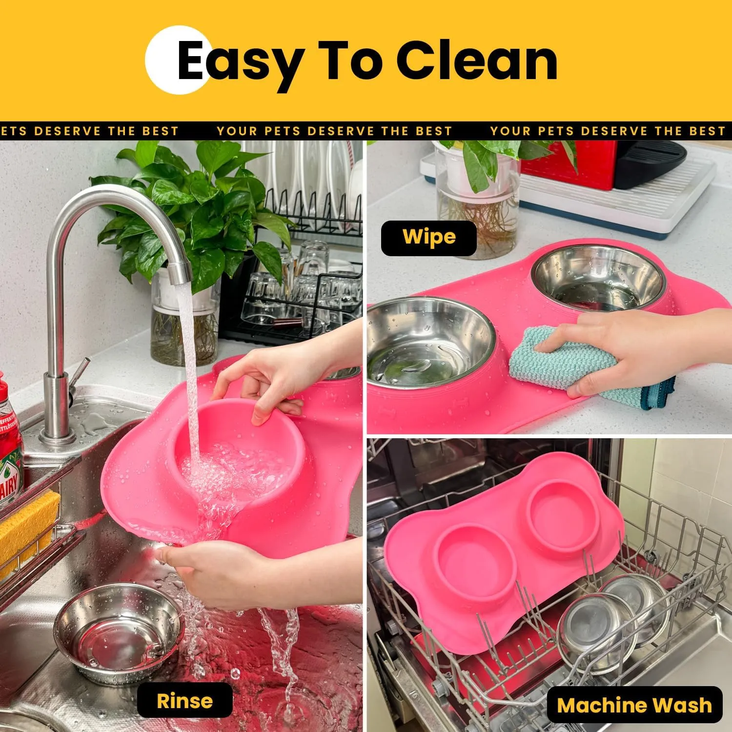 Cat Dog Bowls with Silicone Feeding Mat, No Spill Food Water Dish Set, Dishwasher Safe, 2 Stainless Steel Puppy Bowls, Suitable for Tiny Dogs Kittens Rabbits Pets Under 8lbs, Extra Small, Pink