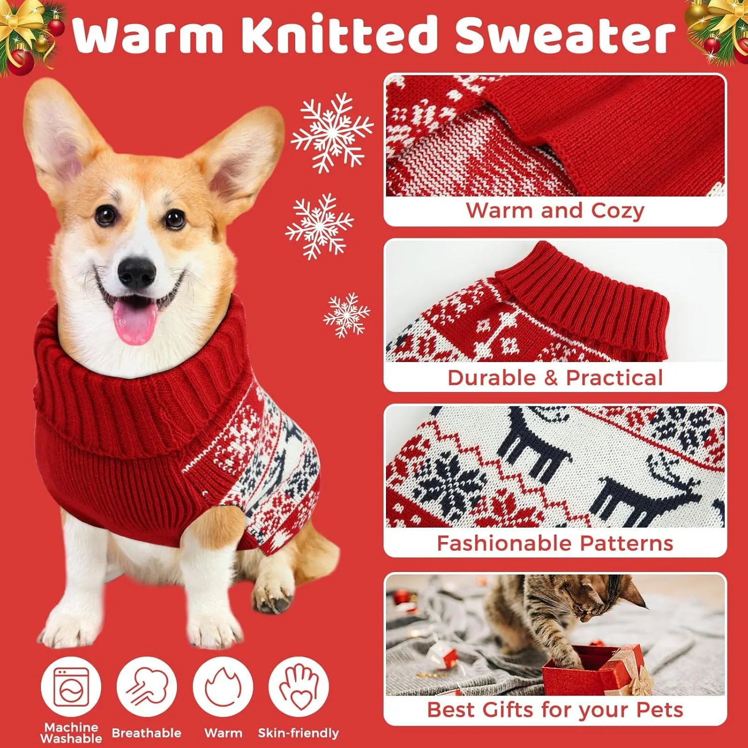Christmas Dog Sweaters for Small Large Dogs Girl, Soft Warm Pup Dogs Shirt, Turtleneck Dog Sweaters for Medium Large Dogs, Double Knitting Collar for Outdoors Playing, Warm Dog Cat Clothes (Deer, XXS)
