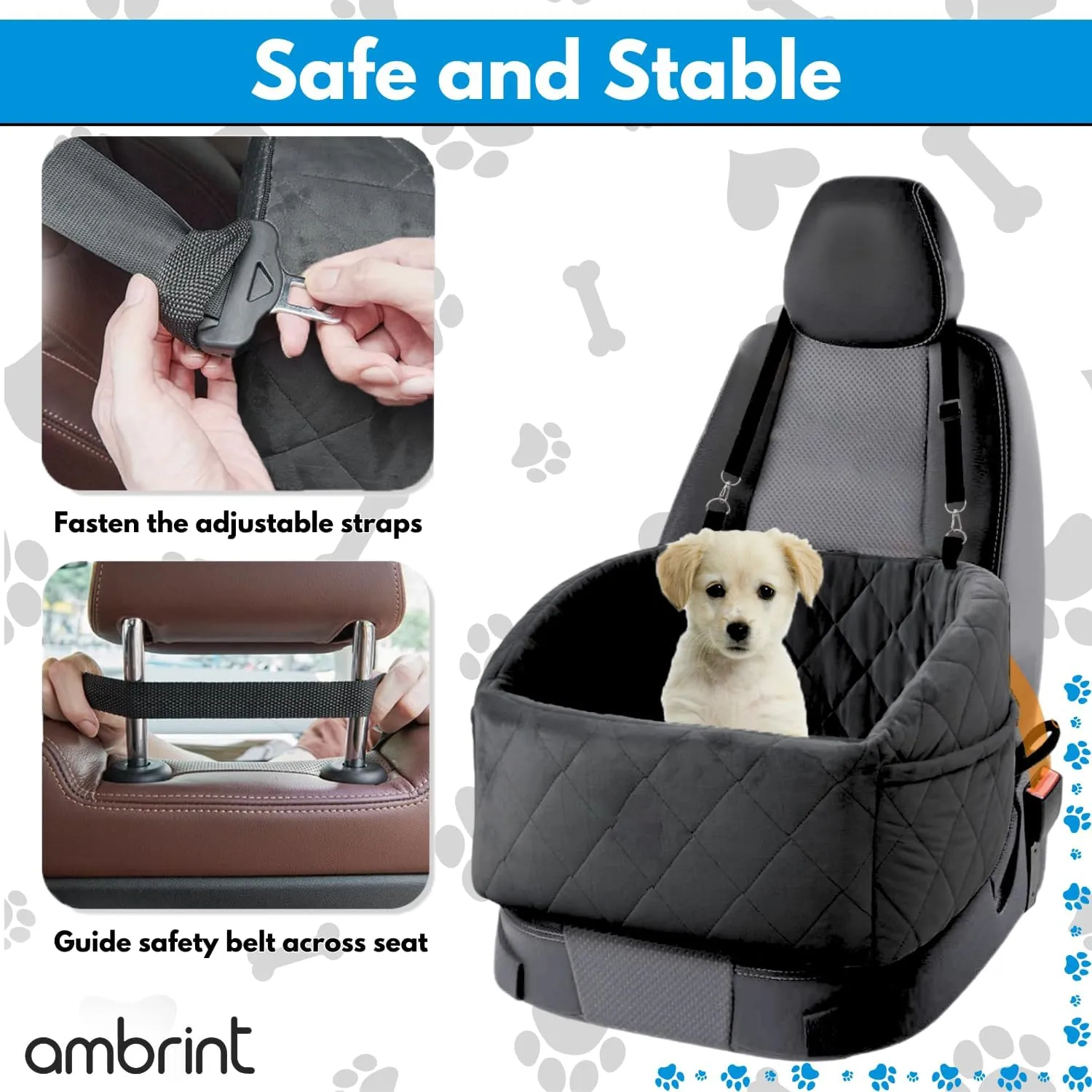 Dog Car Seat for Small Medium Sized Dogs & Cats  Booster Seat with Safety Belt, Non-Slip Bottom, Washable Bed, Storage Pockets  Pet Car Seat for Dogs/Puppy Cats Under 5-35 lbs (Black)