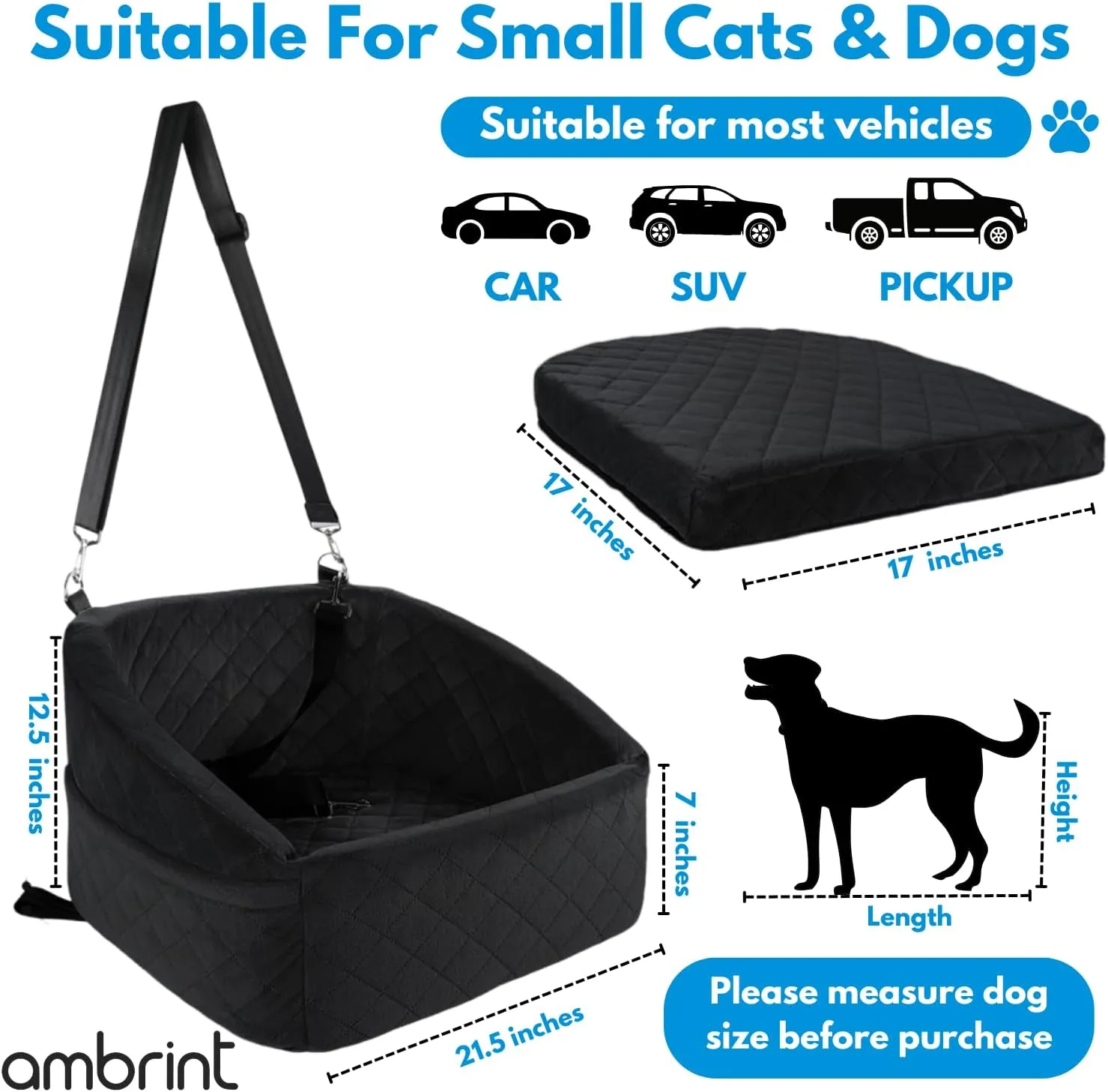 Dog Car Seat for Small Medium Sized Dogs & Cats  Booster Seat with Safety Belt, Non-Slip Bottom, Washable Bed, Storage Pockets  Pet Car Seat for Dogs/Puppy Cats Under 5-35 lbs (Black)