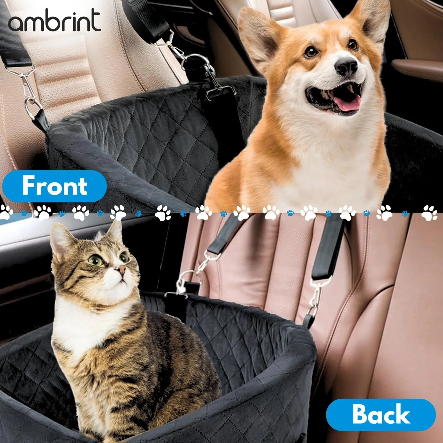 Dog Car Seat for Small Medium Sized Dogs & Cats  Booster Seat with Safety Belt, Non-Slip Bottom, Washable Bed, Storage Pockets  Pet Car Seat for Dogs/Puppy Cats Under 5-35 lbs (Black)