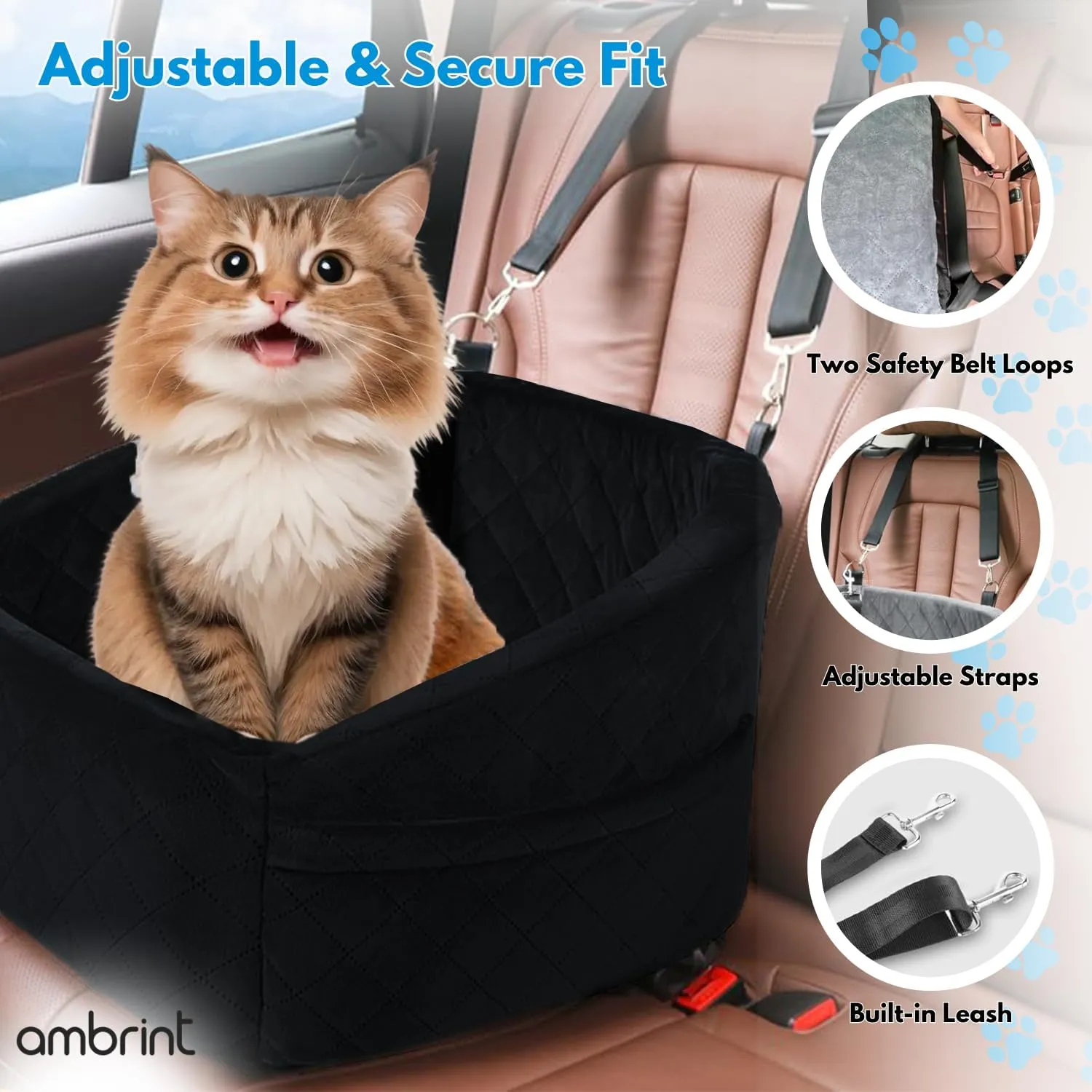 Dog Car Seat for Small Medium Sized Dogs & Cats  Booster Seat with Safety Belt, Non-Slip Bottom, Washable Bed, Storage Pockets  Pet Car Seat for Dogs/Puppy Cats Under 5-35 lbs (Black)