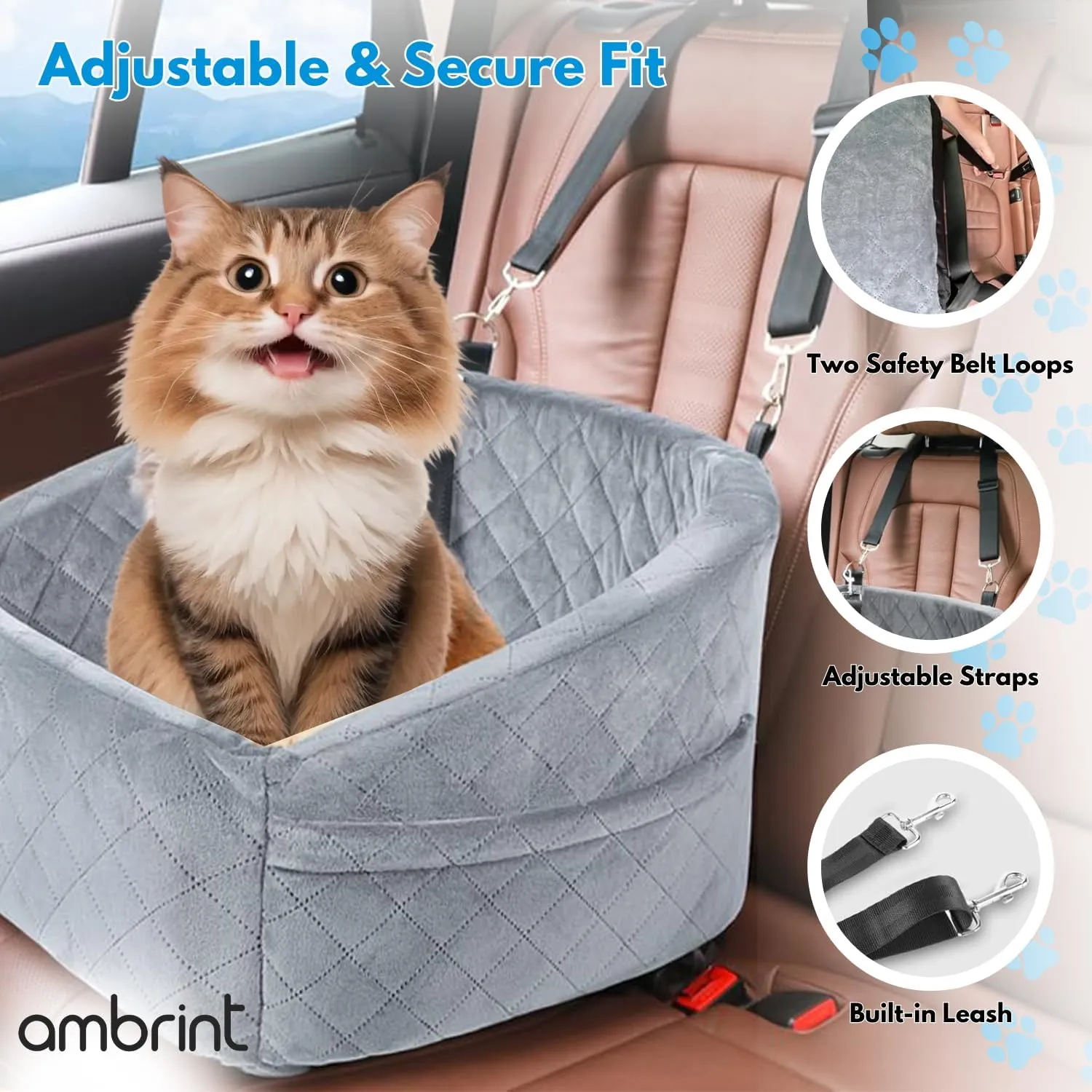 Dog Car Seat for Small Medium Sized Dogs & Cats  Booster Seat with Safety Belt, Non-Slip Bottom, Washable Bed, Storage Pockets  Pet Car Seat for Dogs/Puppy Cats Under 5-35 lbs (Grey)