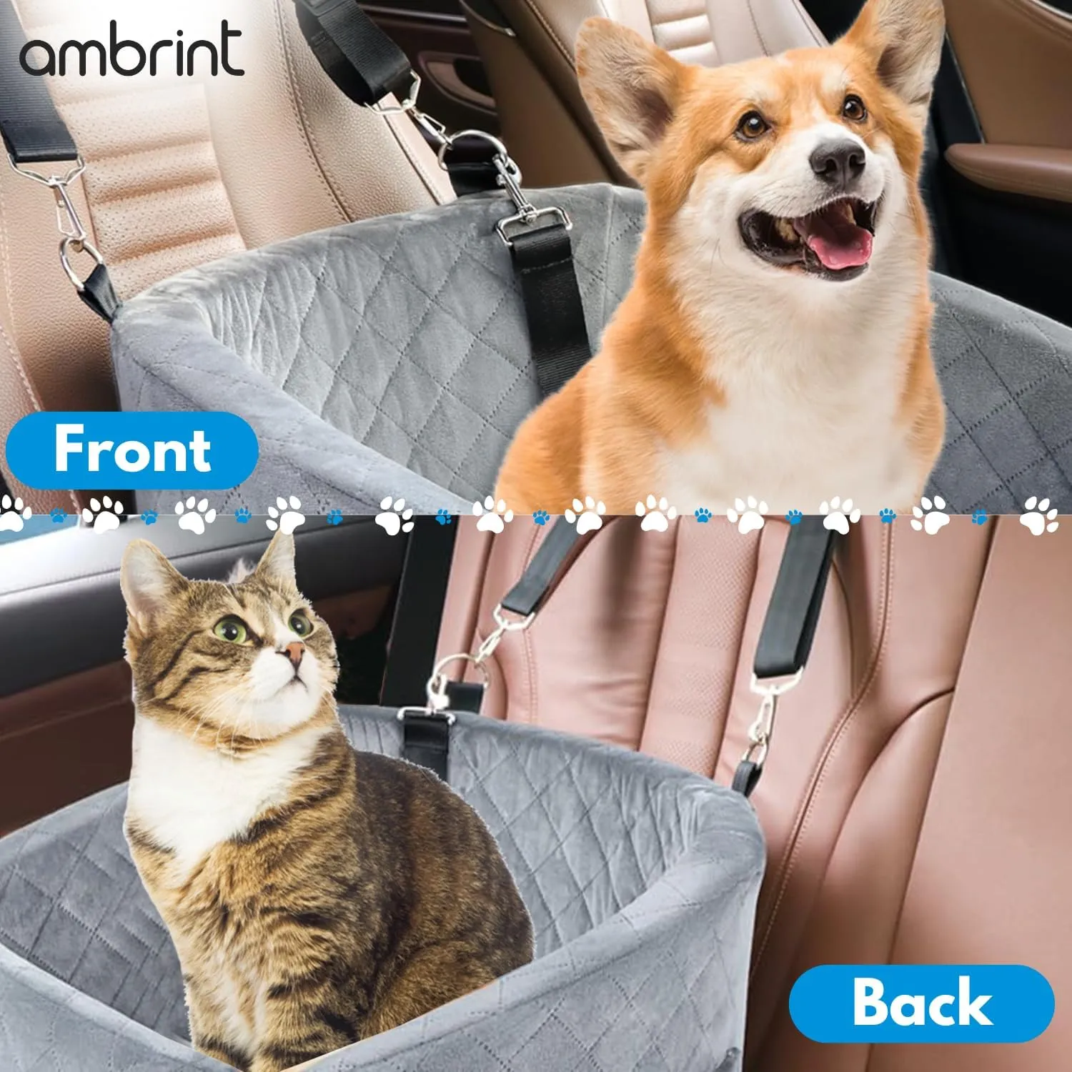 Dog Car Seat for Small Medium Sized Dogs & Cats  Booster Seat with Safety Belt, Non-Slip Bottom, Washable Bed, Storage Pockets  Pet Car Seat for Dogs/Puppy Cats Under 5-35 lbs (Grey)