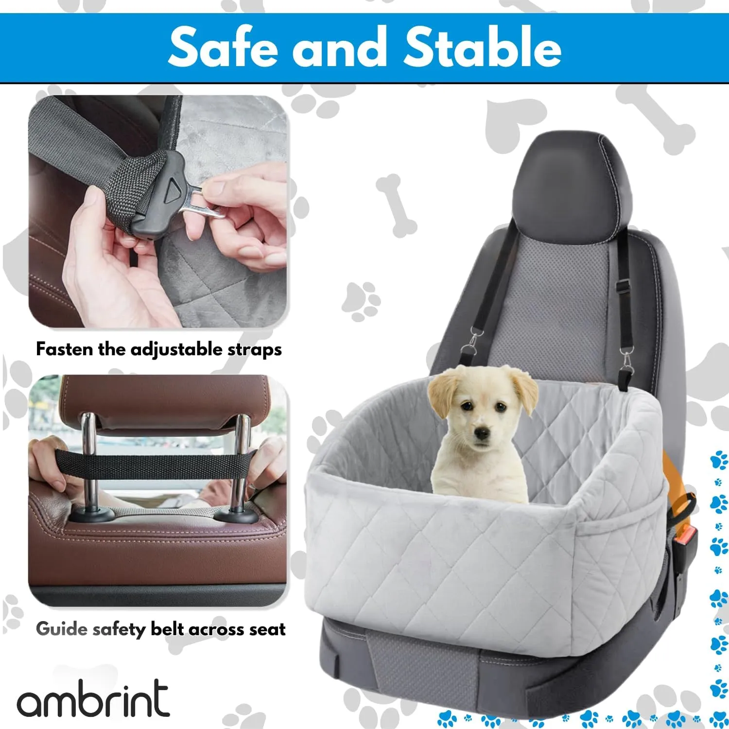 Dog Car Seat for Small Medium Sized Dogs & Cats  Booster Seat with Safety Belt, Non-Slip Bottom, Washable Bed, Storage Pockets  Pet Car Seat for Dogs/Puppy Cats Under 5-35 lbs (Grey)